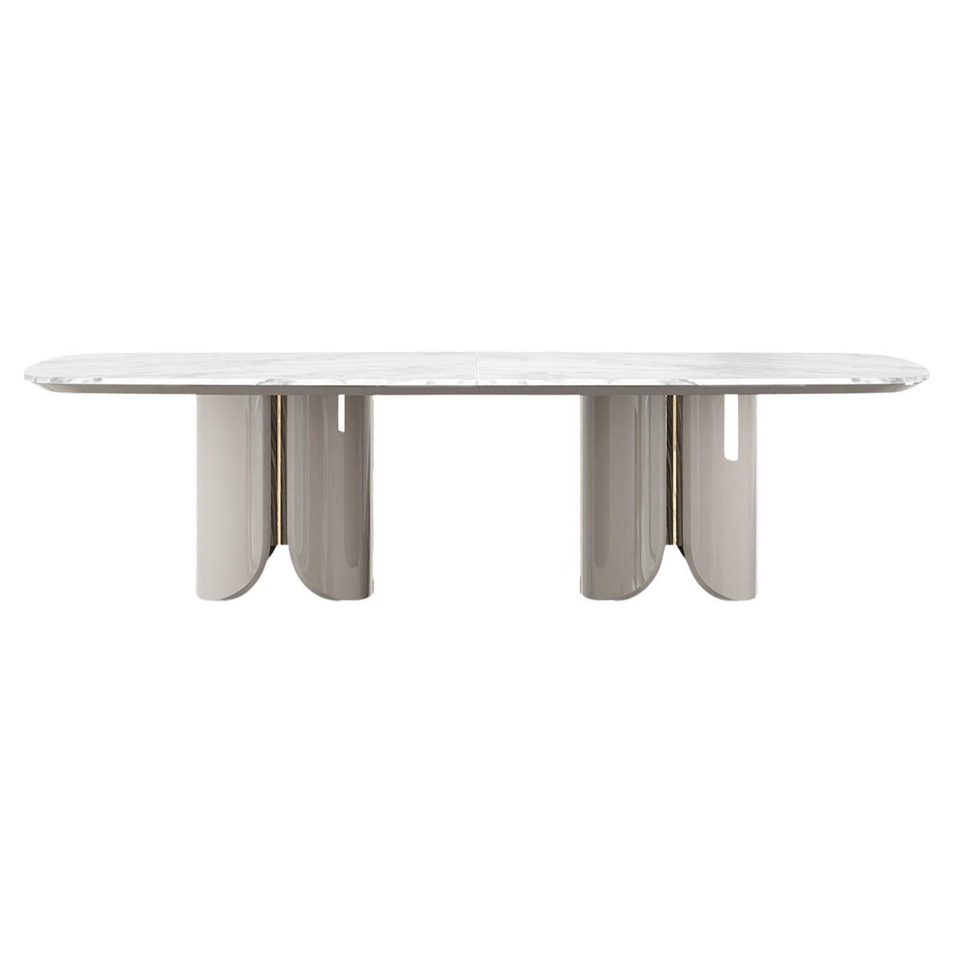 Made To Order Dining Table with Stone Top, Lacquered Base, and Metal Accents