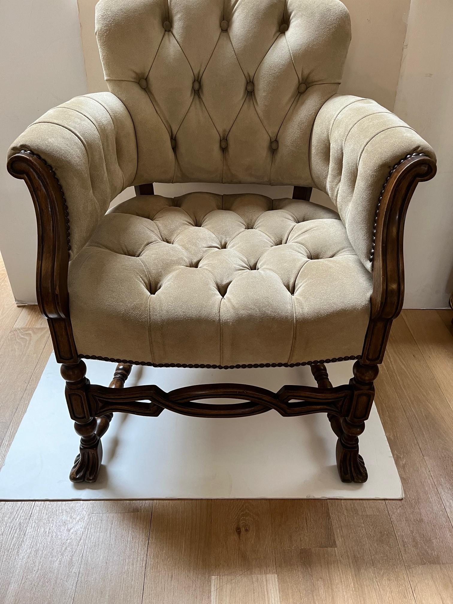 American Made to Order Elegant Tufted Seat and Back in Beige Suede Leather Seville Chair For Sale