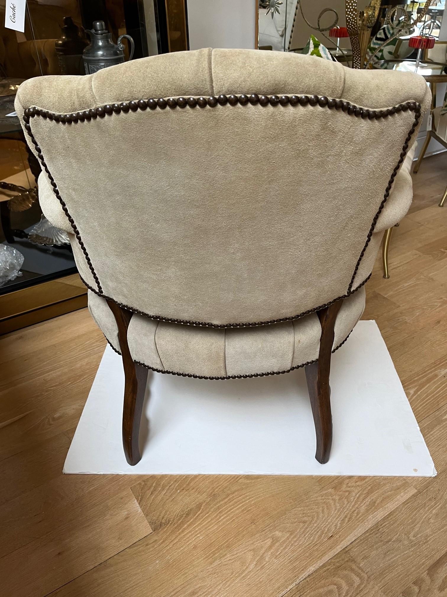 Contemporary Made to Order Elegant Tufted Seat and Back in Beige Suede Leather Seville Chair For Sale