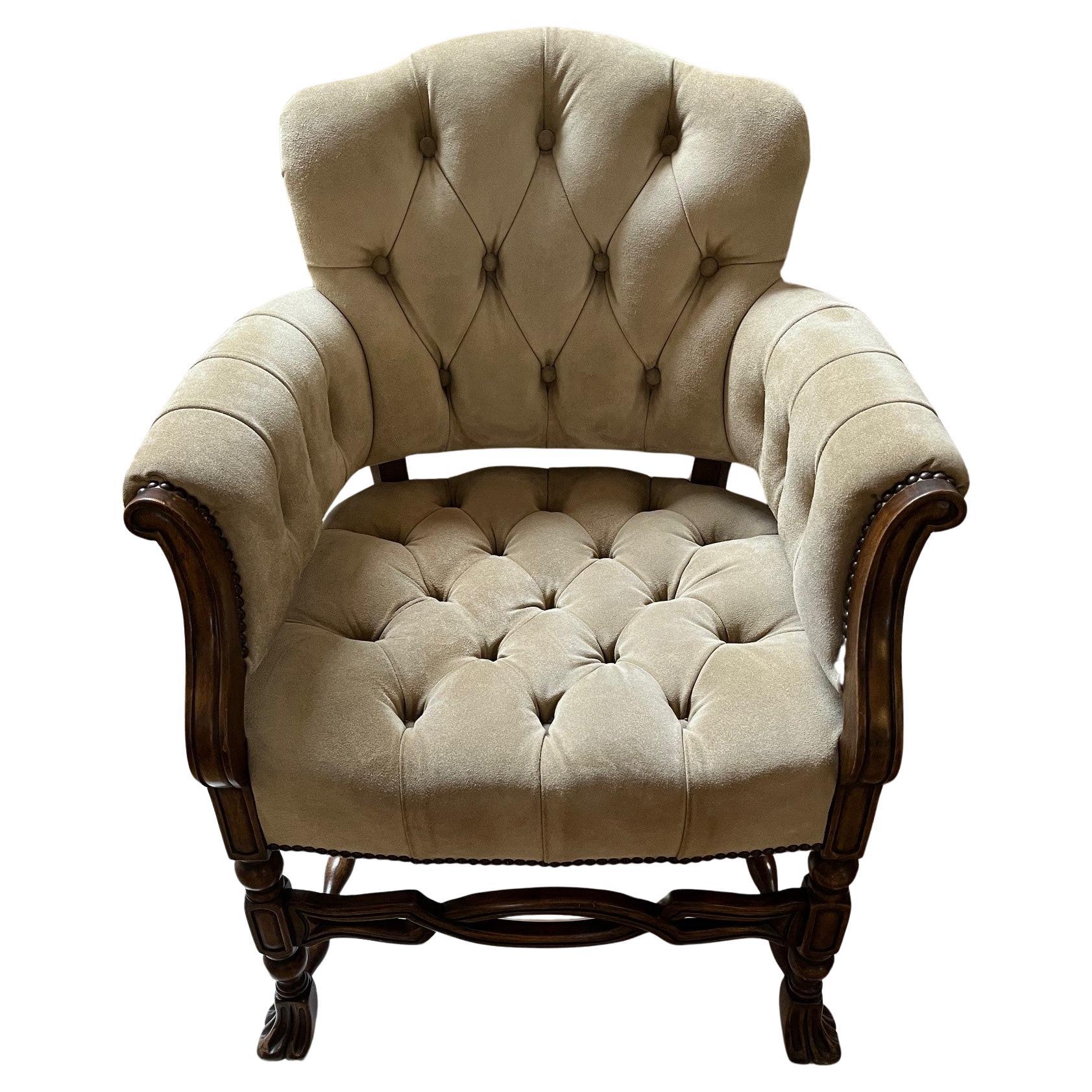 Made to Order Elegant Tufted Seat and Back in Beige Suede Leather Seville Chair For Sale