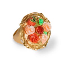 21st Century Fire Opal Turquoise Corals Roses Bird Cocktail Gold Ring Orange Red