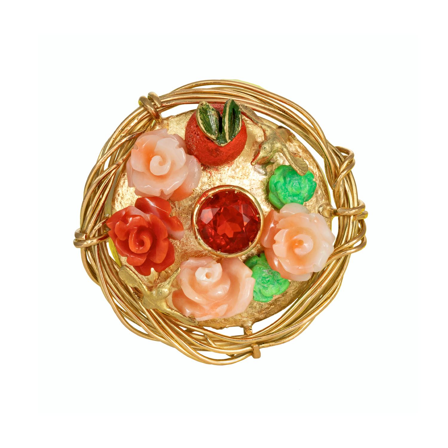 Moderne Bague cocktail du 21e siècle en or orange, rouge, opale, turquoise, corail et roses en vente