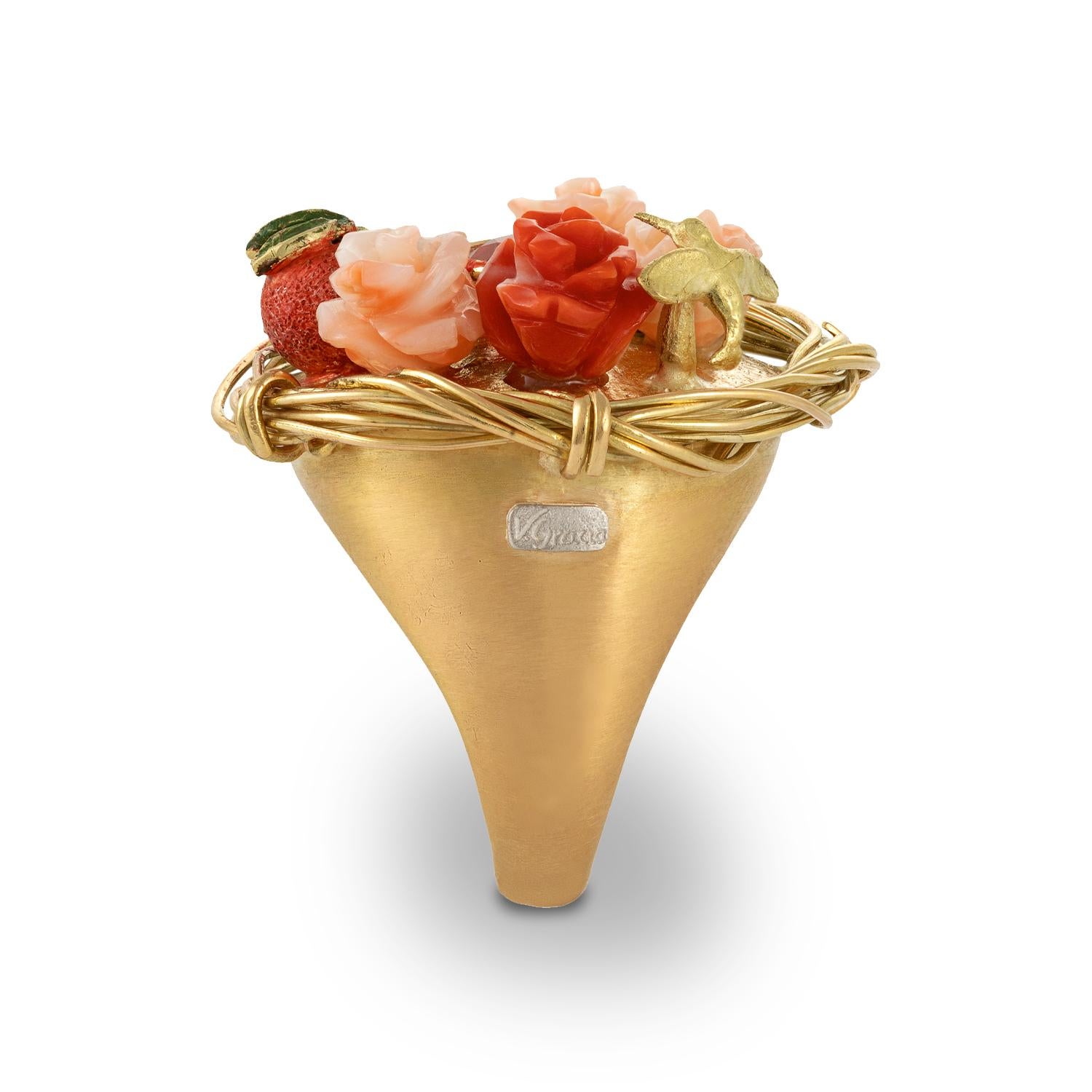 21. Jahrhundert Feuer Opal Türkis Korallen Rosen Vogel Cocktail Gold Ring Orange Rot (Moderne)