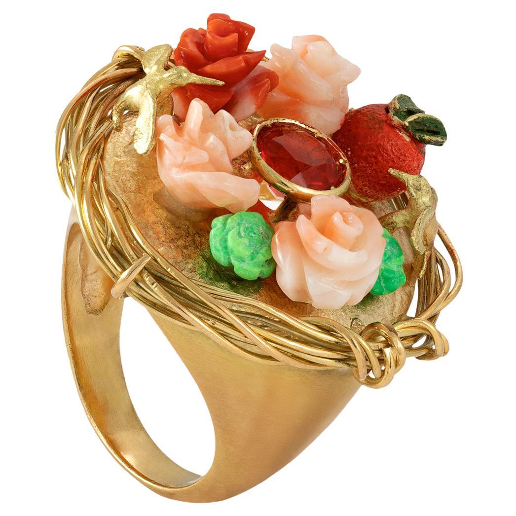 21st Century Fire Opal Turquoise Corals Roses Bird Cocktail Gold Ring Orange Red For Sale