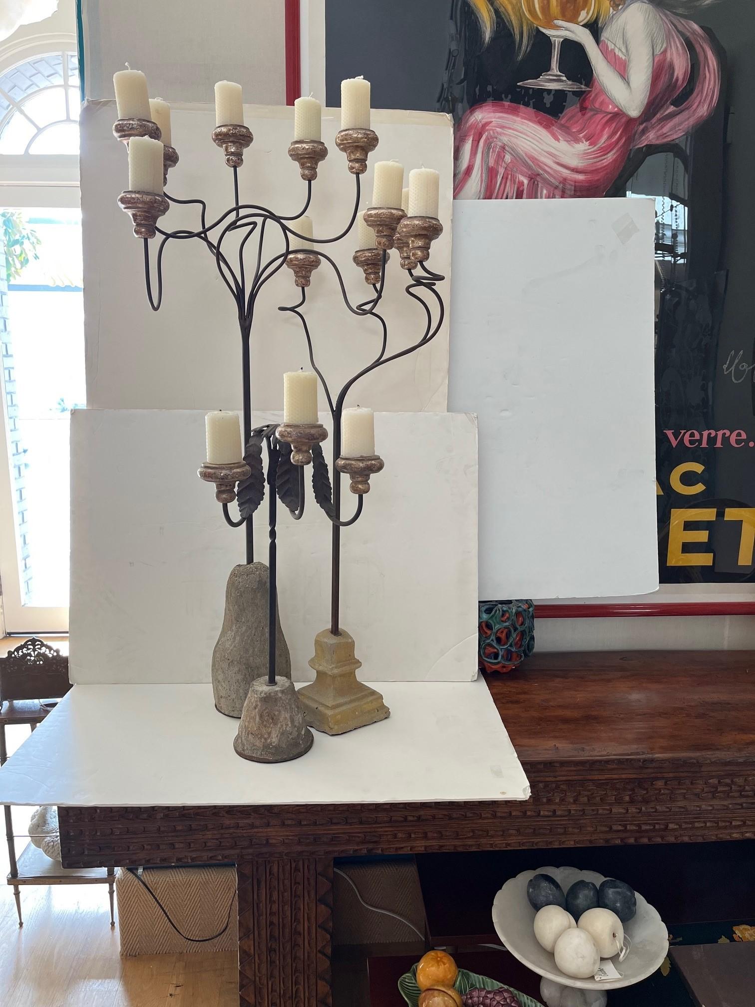 Made to Order Forged Iron and Stone Base in Dark Bronze Patinated Candelabra For Sale 3