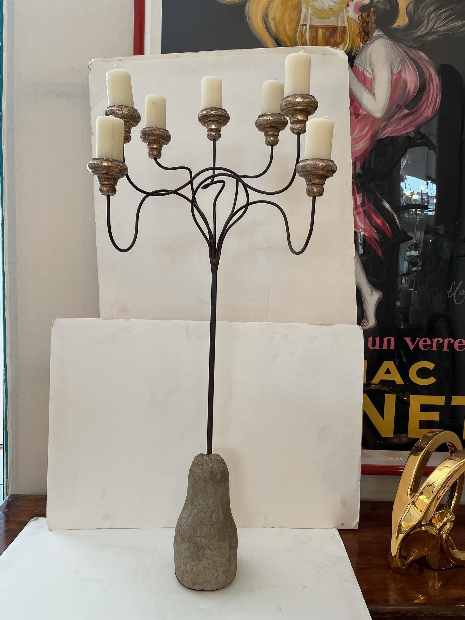 Made to Order Forged Iron and Stone Base in Dark Bronze Patinated Candelabra For Sale 4