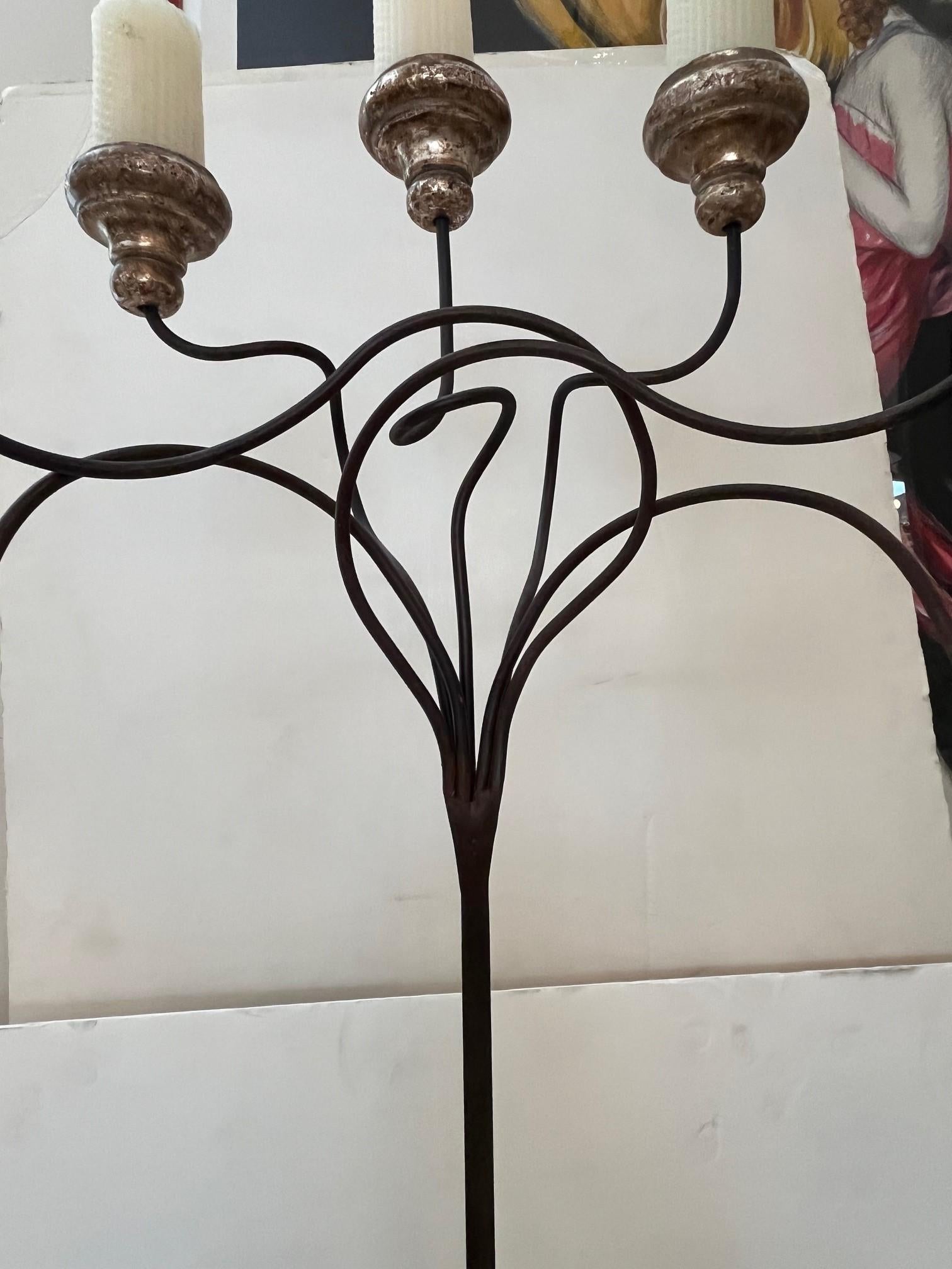 American Made to Order Forged Iron and Stone Base in Dark Bronze Patinated Candelabra For Sale