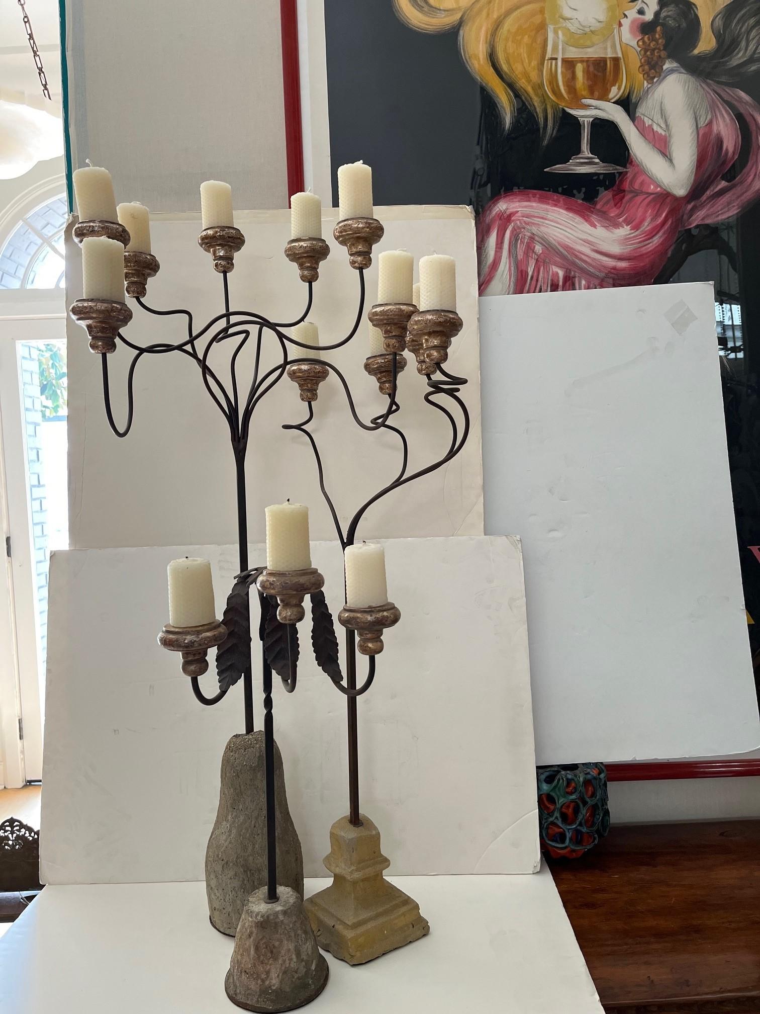 Steel Made to Order Forged Iron and Stone Base in Dark Bronze Patinated Candelabra For Sale