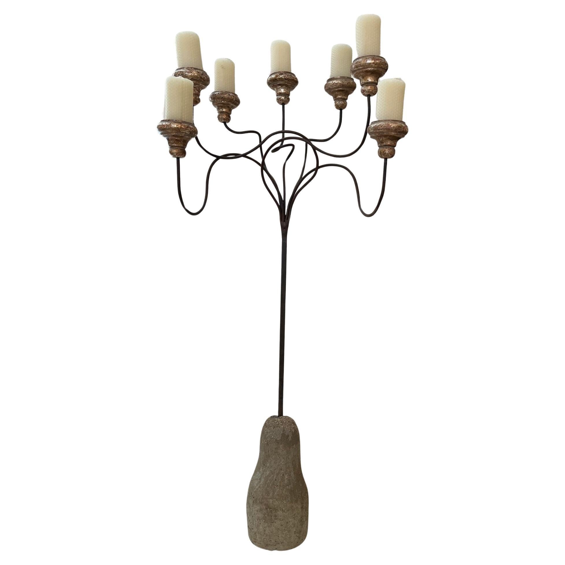 Made to Order Forged Iron and Stone Base in Dark Bronze Patinated Candelabra For Sale