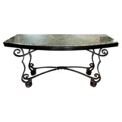 One of Kind Forged Iron Scroll Base Console Table with Green Granite Top