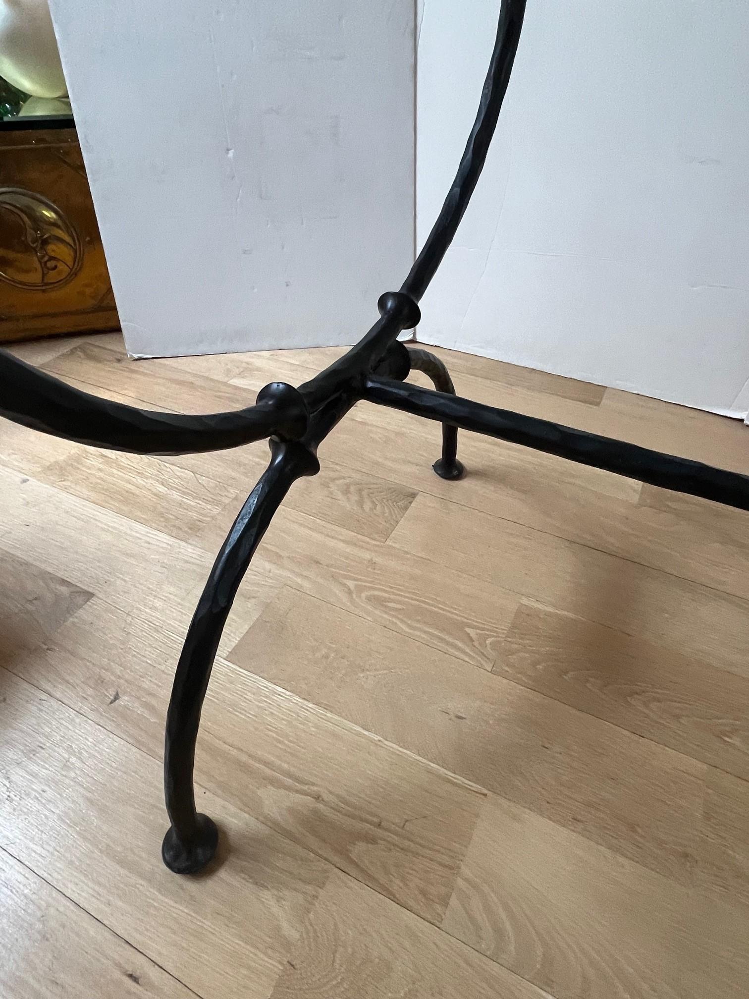 Blackened Made to Order Giacometti Style Hand forged Iron Coffee Table with Glass Top For Sale