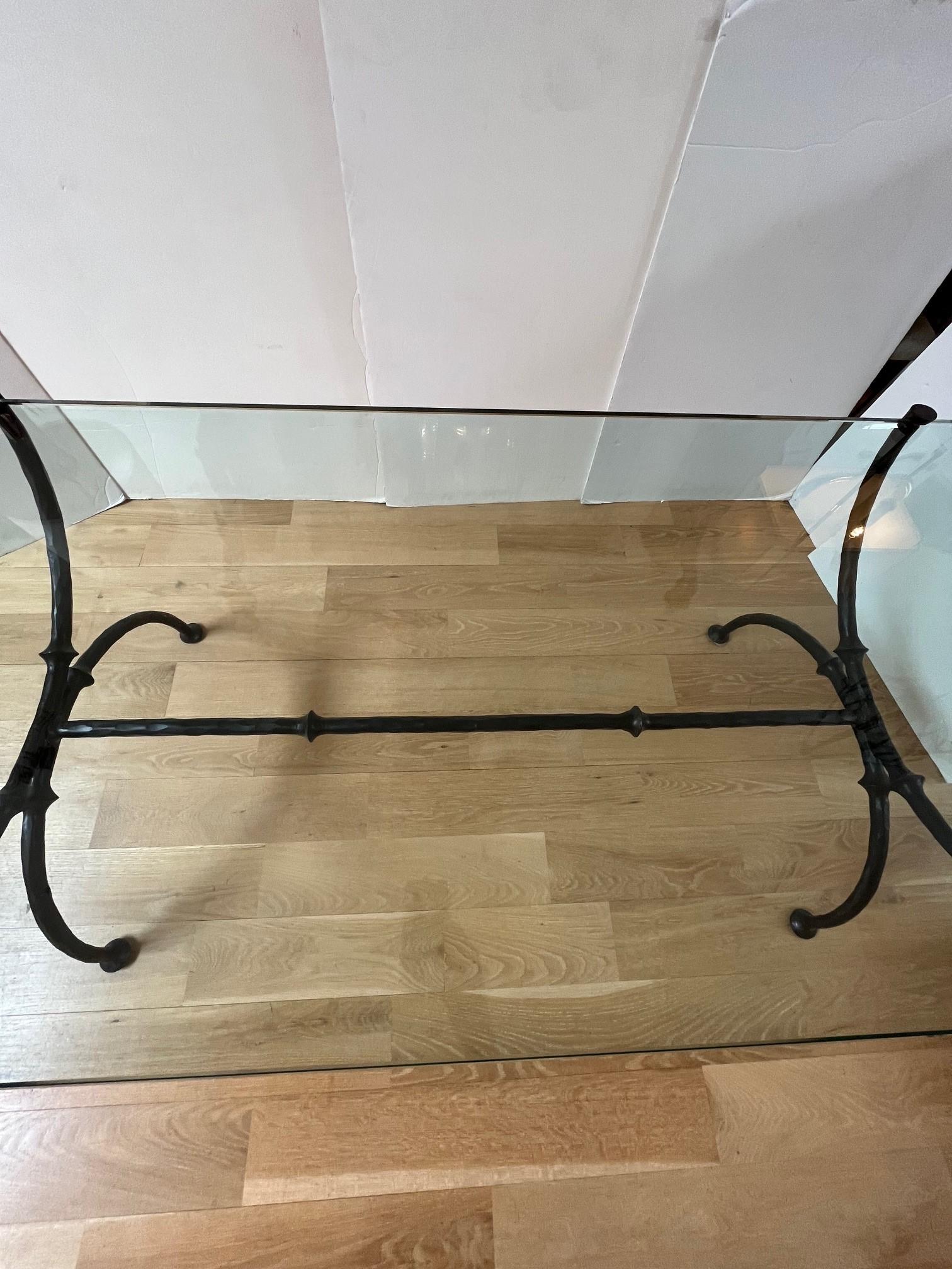 Made to Order Giacometti Style Hand forged Iron Coffee Table with Glass Top For Sale 1