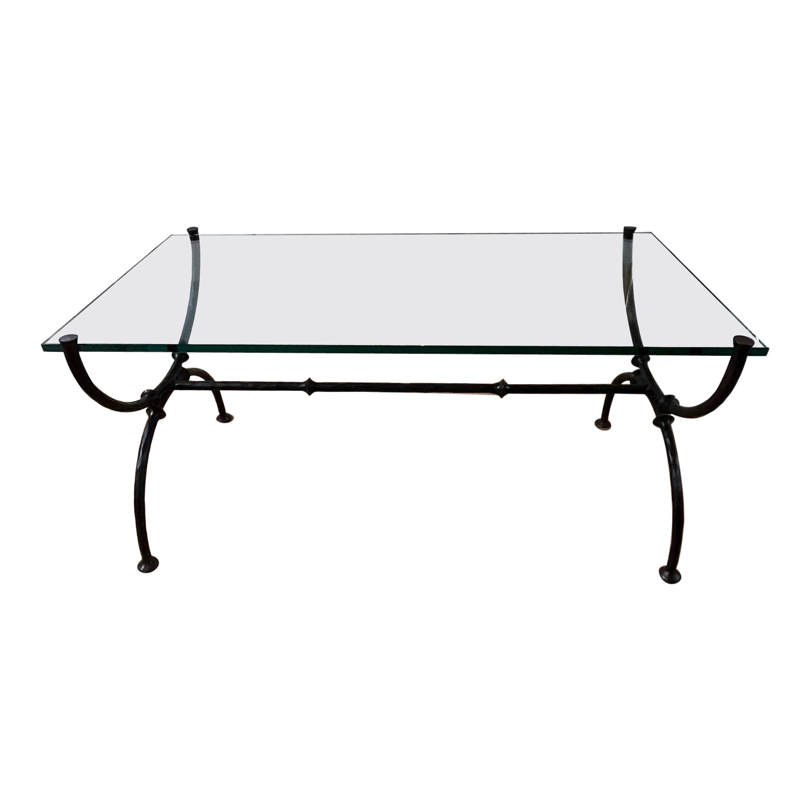Mesa baja de hierro forjado a mano estilo Giacometti con tapa de cristal, hecha a medida