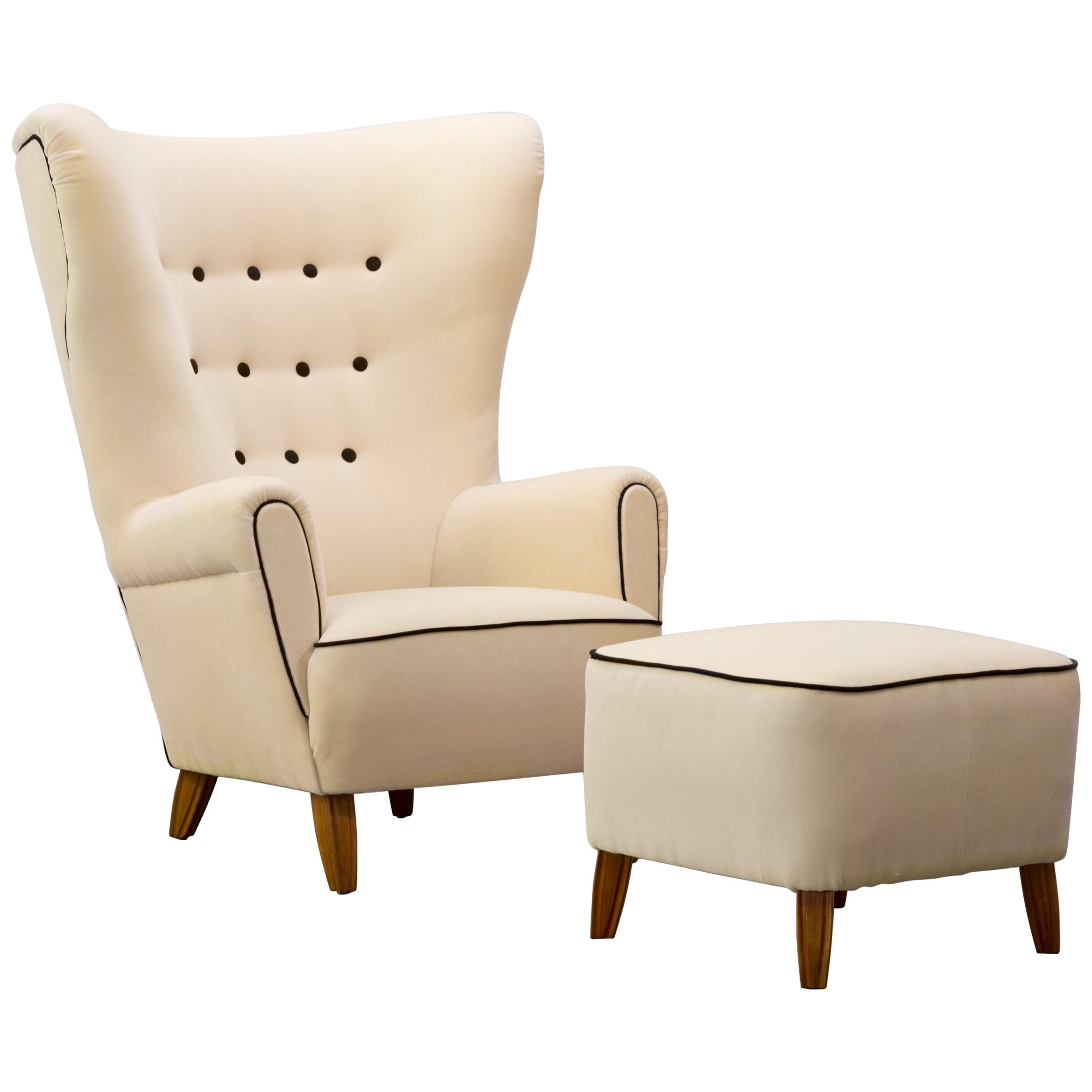 Made to Order Gio Ponti Style Mid-Century Elephant Wingback Armchair and Stool For Sale