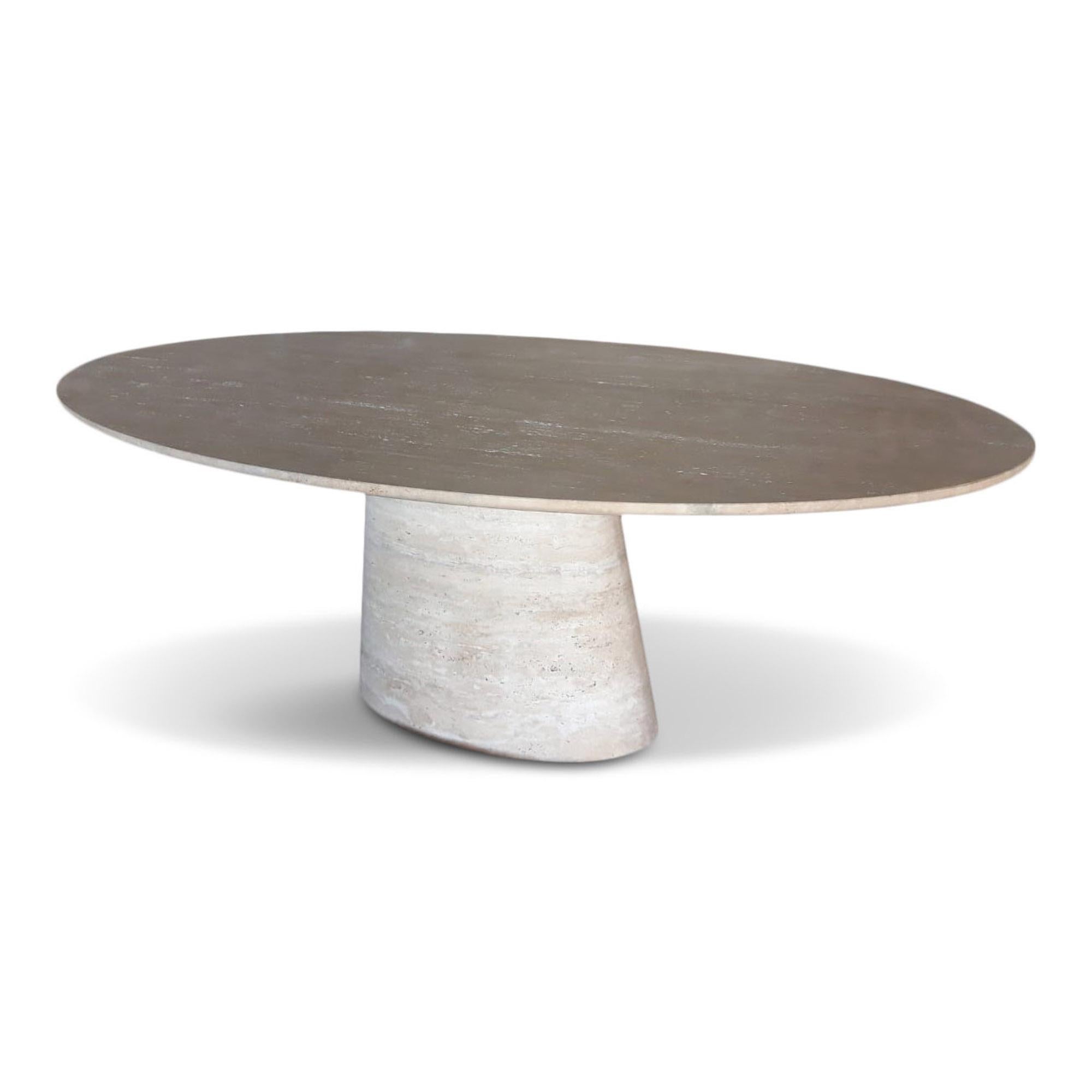 Dining table

Made to order in Italy

Travertine

Oval top

Oval shaped column base

Size can be customised. The second set of photos shows a 160cm top table.

Contemporary