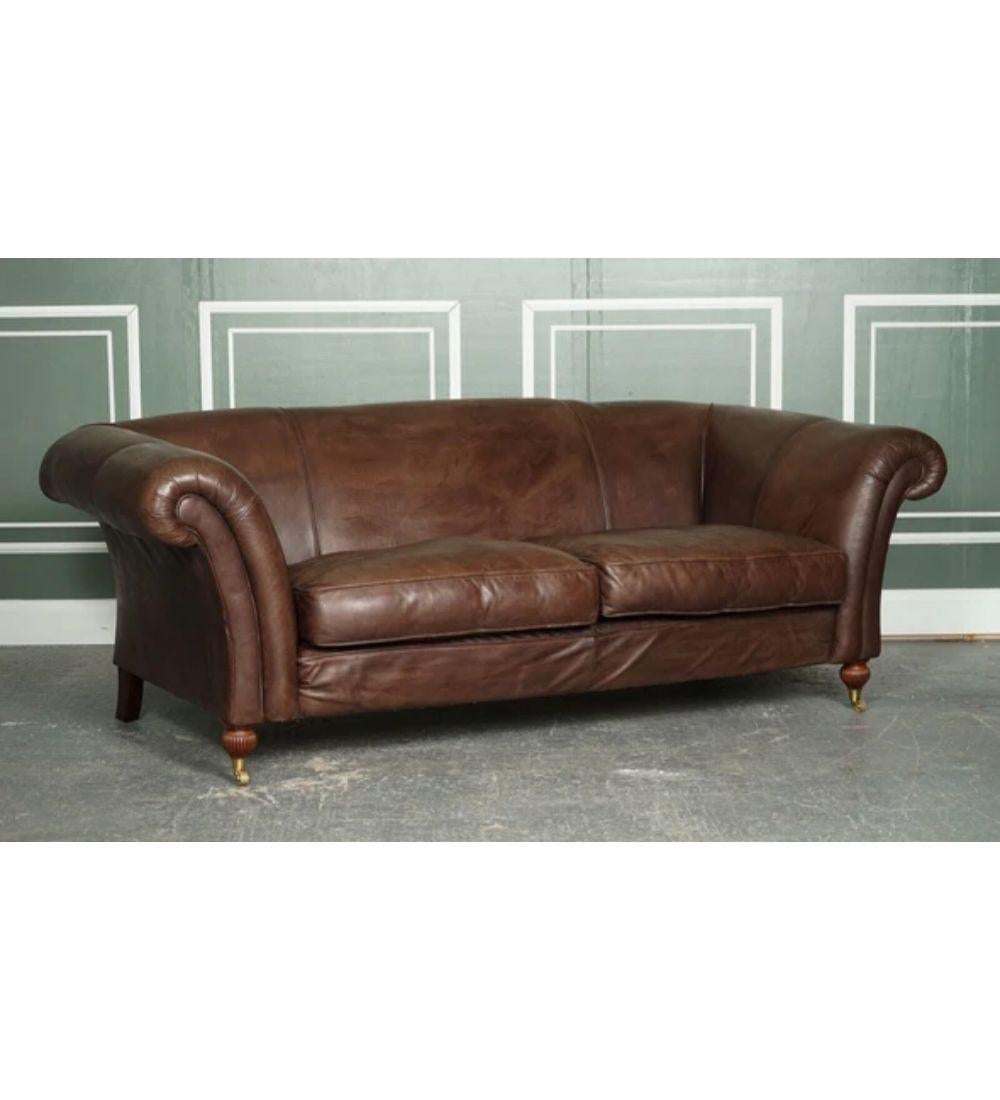 Regency Made to Order Large Heritage Brown Leather 2 to 3 Seater Sofa For Sale