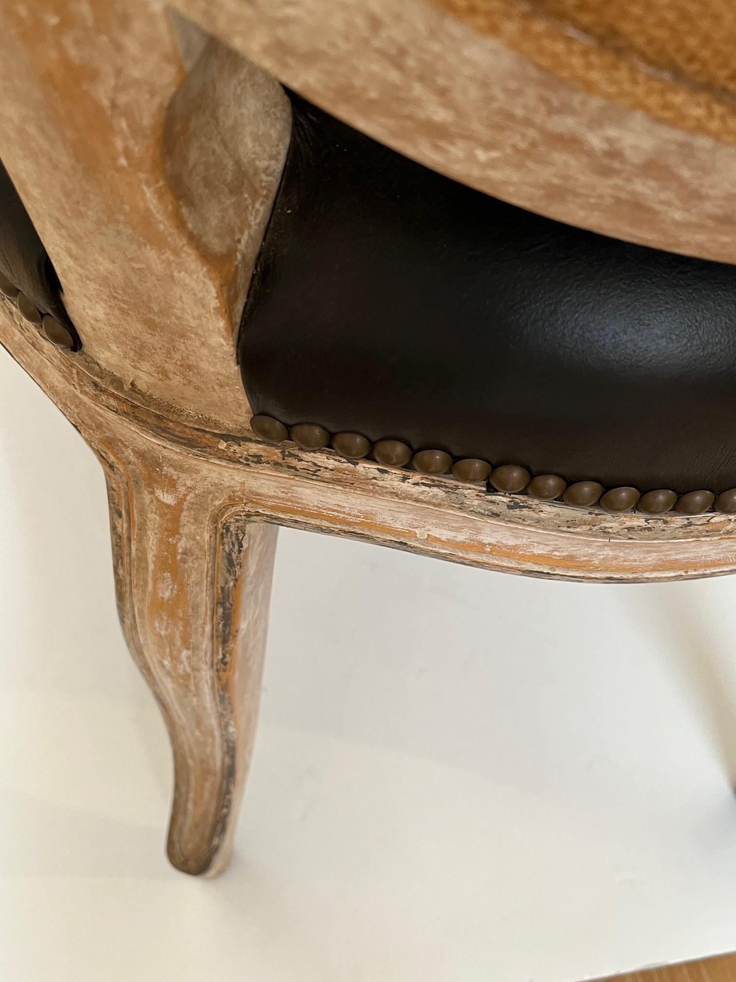 Made to Order Louis XV Style Dining Side Chair, Upholstered in Black Leather with Antique Brass Nail Head Trim at Seat and Inside Oval Back, Solid Wood Frame, This a Showroom Model
Upholstery: Customer Own Material
