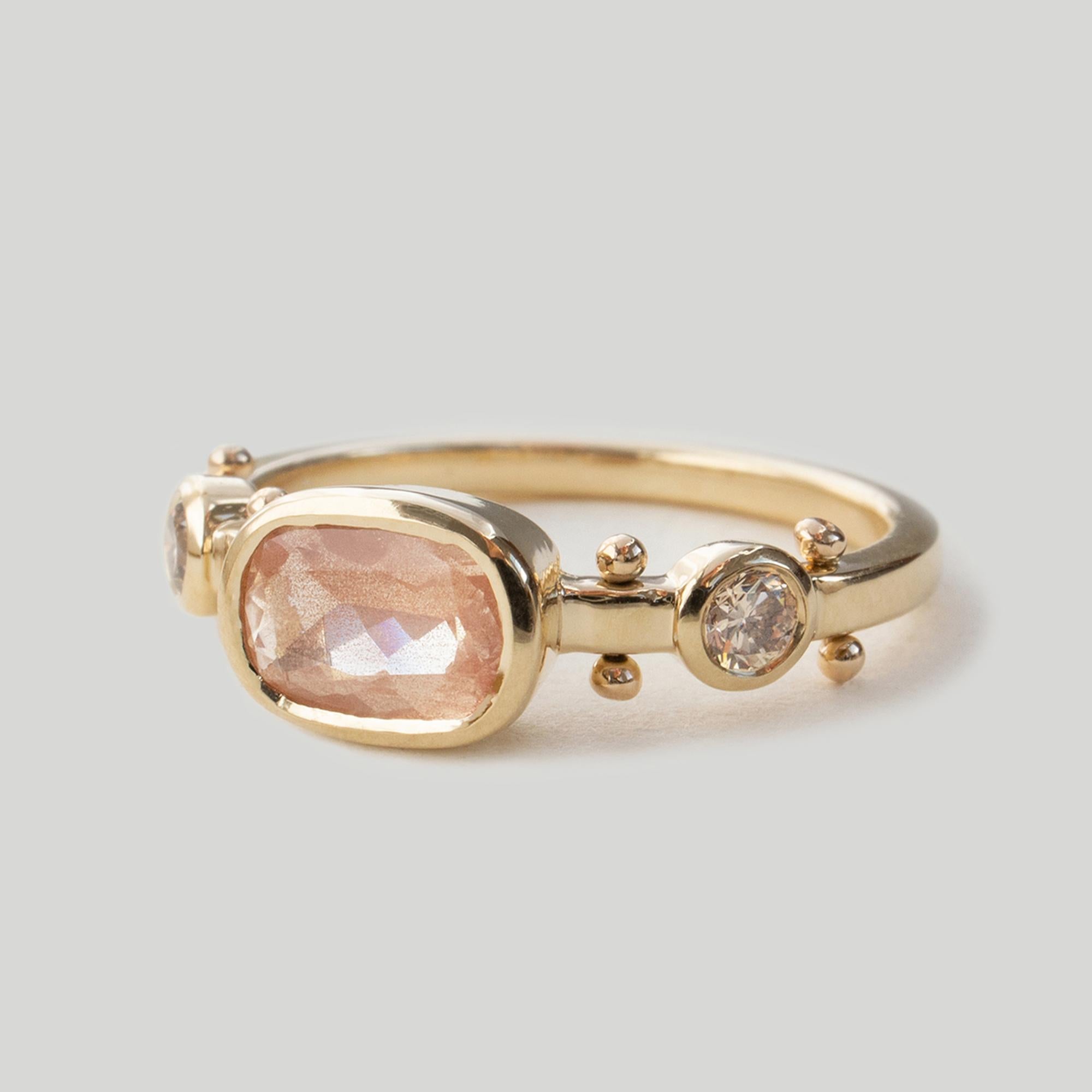 Contemporary M. Hisae Handmade Cushion Sunstone and Bead 14 Karat Gold Trinity Ring