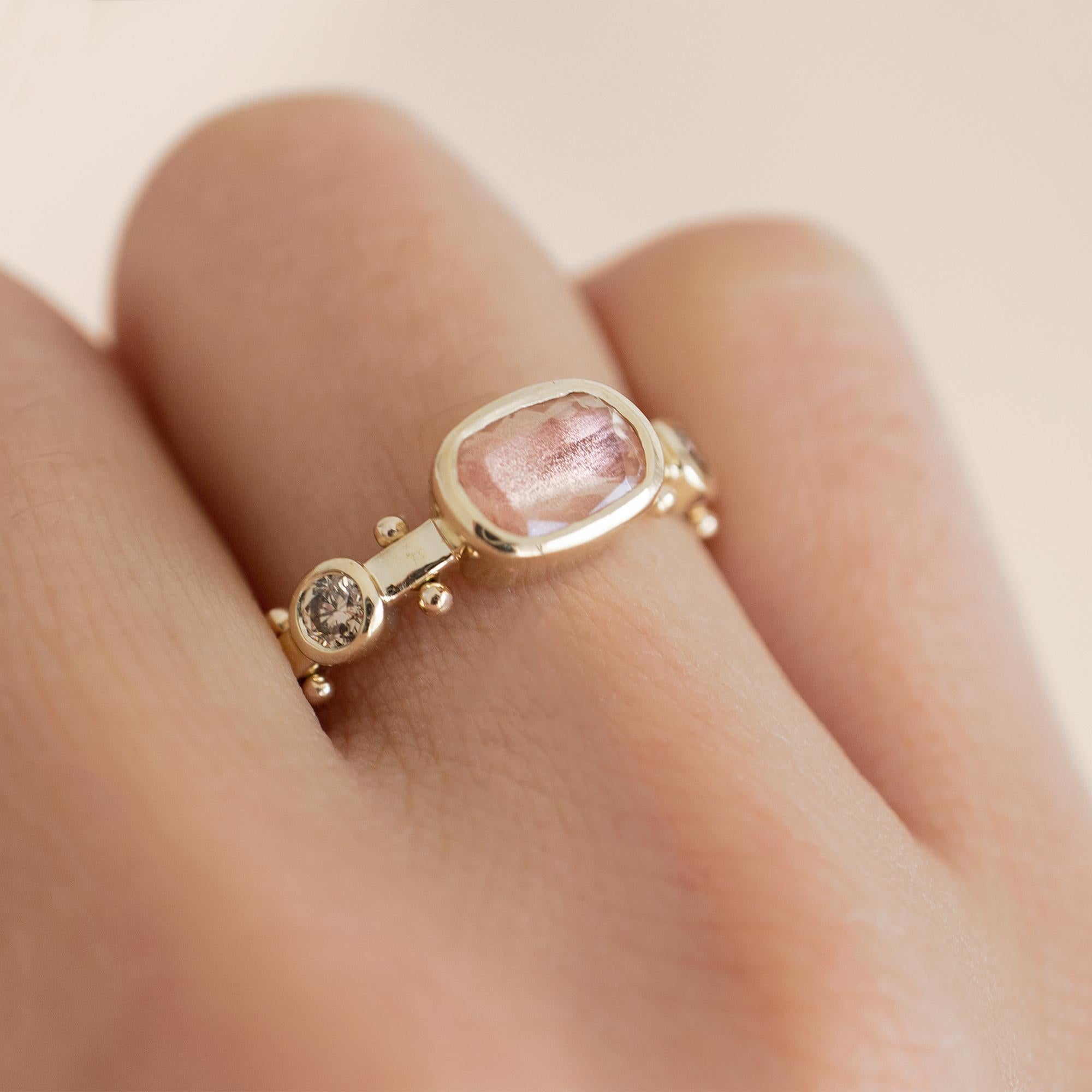 Cushion Cut M. Hisae Handmade Cushion Sunstone and Bead 14 Karat Gold Trinity Ring