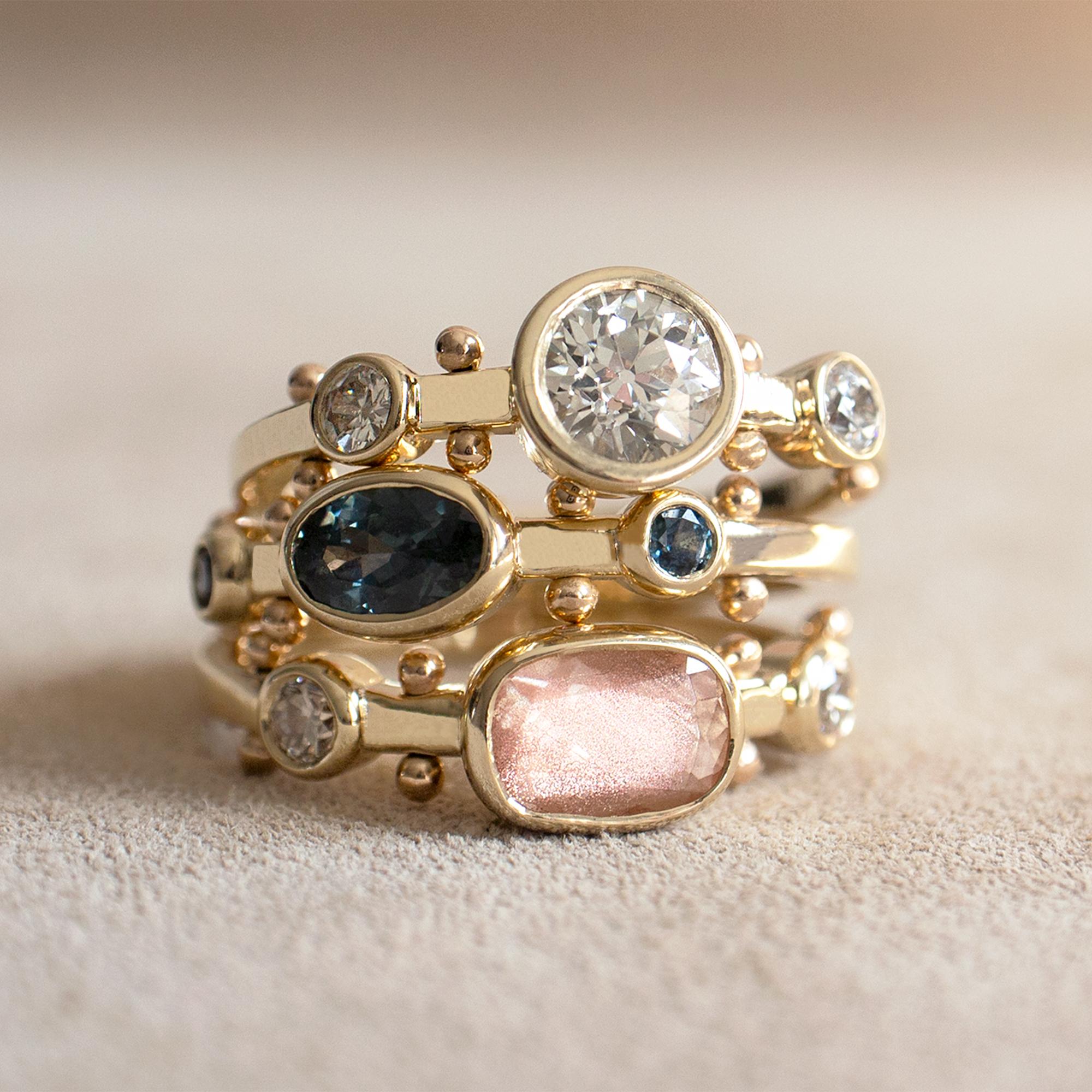 M. Hisae Handmade Cushion Sunstone and Bead 14 Karat Gold Trinity Ring In New Condition In Woodbury, CT