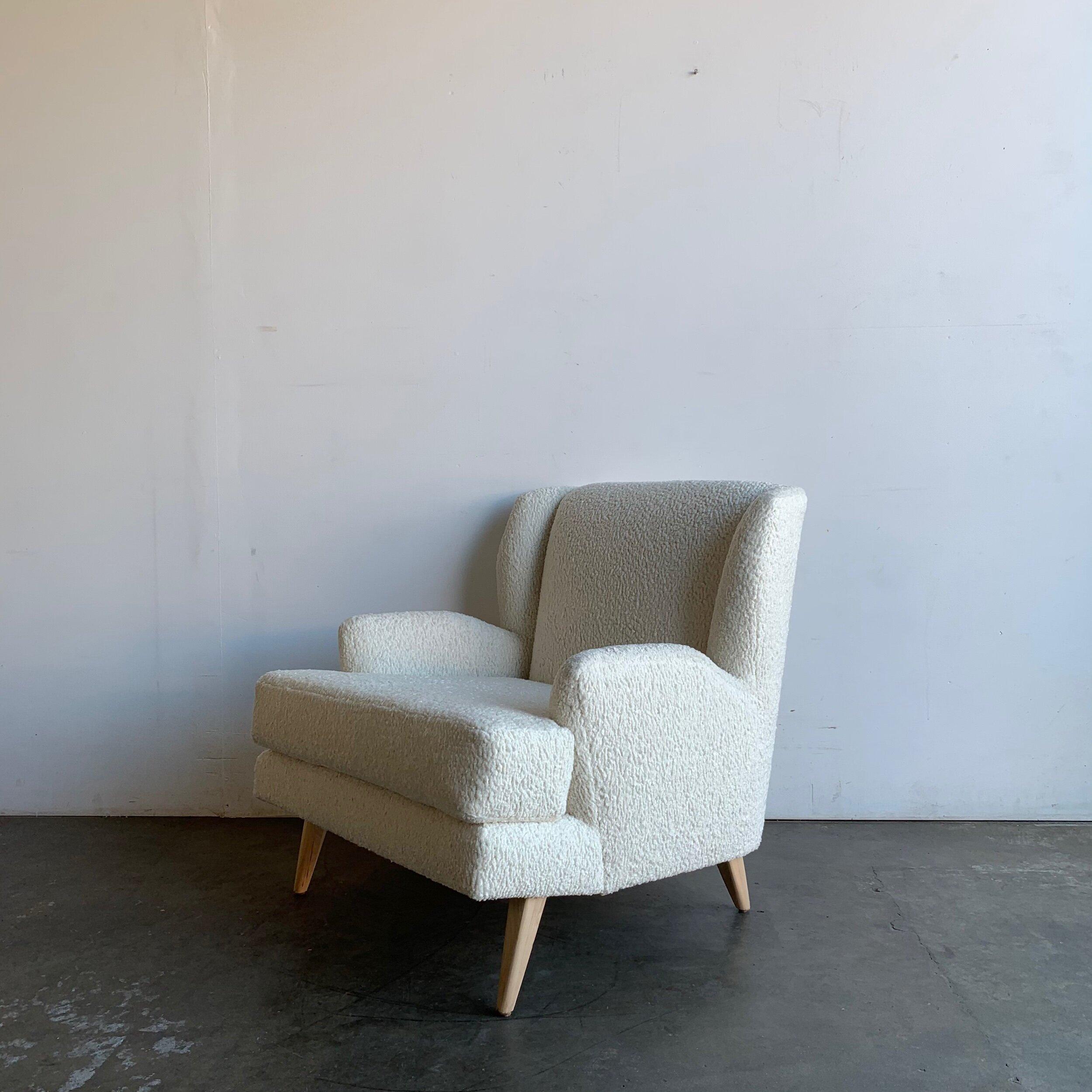 Made To Order Mid Century Style Wingback Chair in Sherpa In Good Condition For Sale In Los Angeles, CA