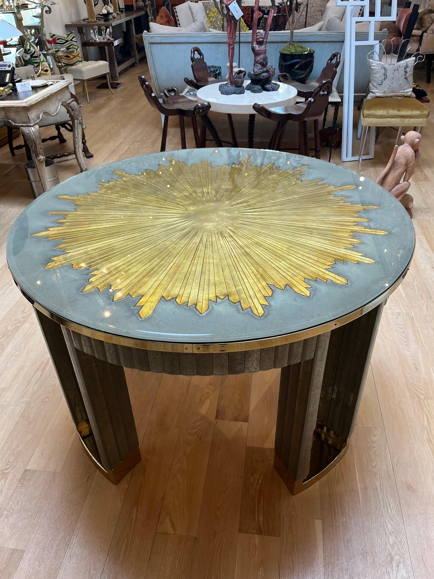 Metal Made to Order Mirrored Helena Center Table with Etched and Gilded Starburst For Sale