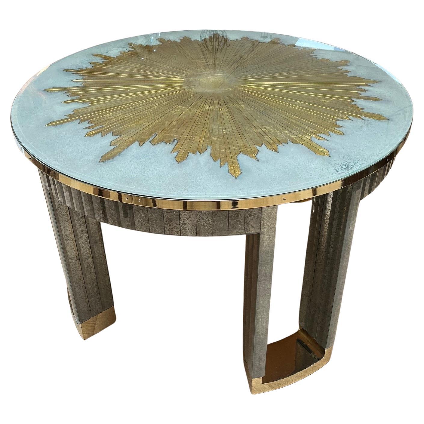 Made to Order Mirrored Helena Center Table with Etched and Gilded Starburst For Sale