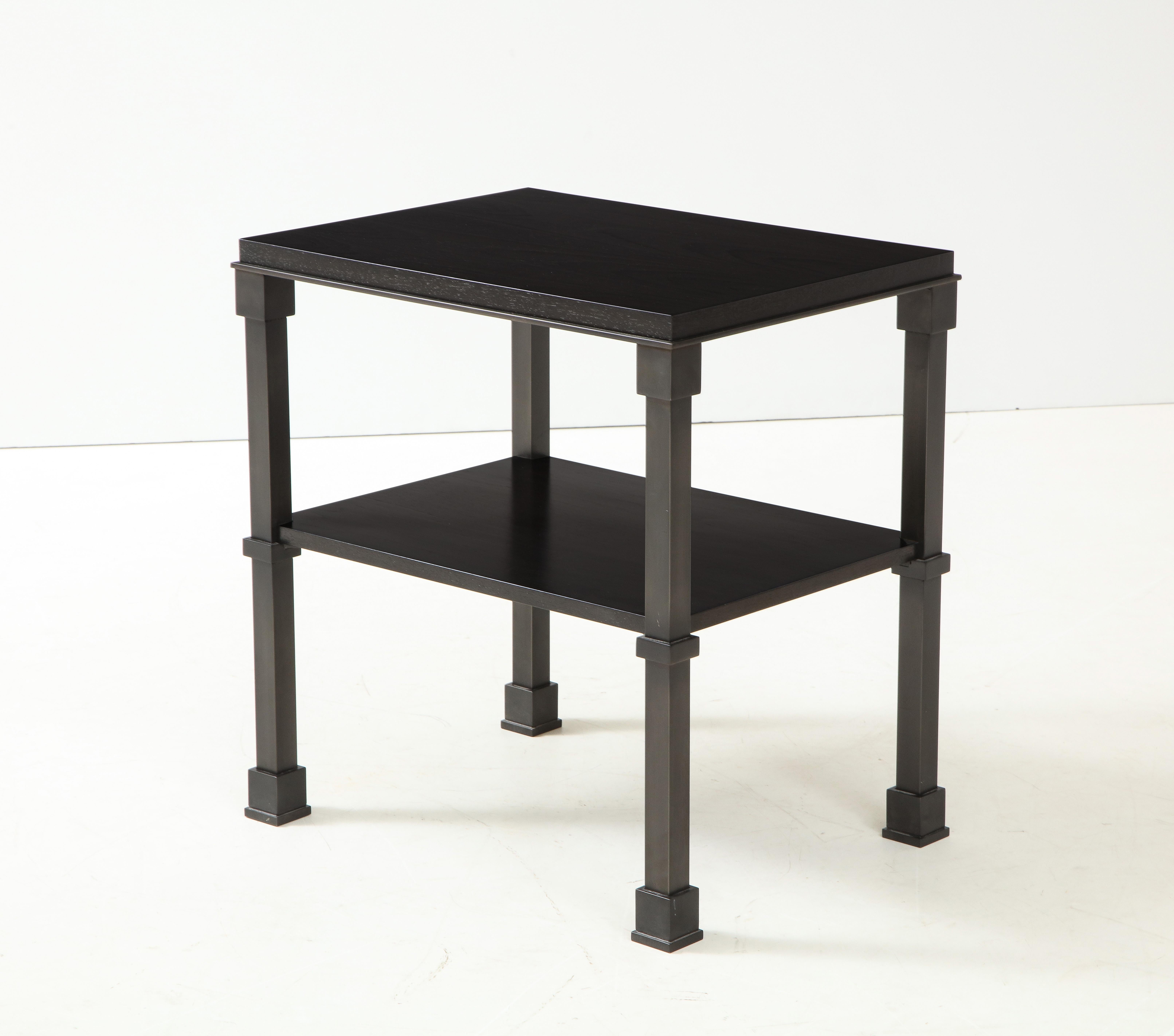 Made to order 'Quinet' console & end tables
Hand made metal base, Ebonized wood top
Measures: H: 32 D: 18 W: 60 inches this console & table in stock

Available in various materials, sizes & finishes.