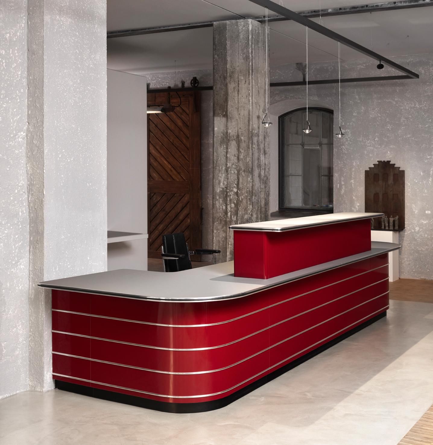German Made to Order Reception Counter in Lacquered Metal With Rounded Corners For Sale