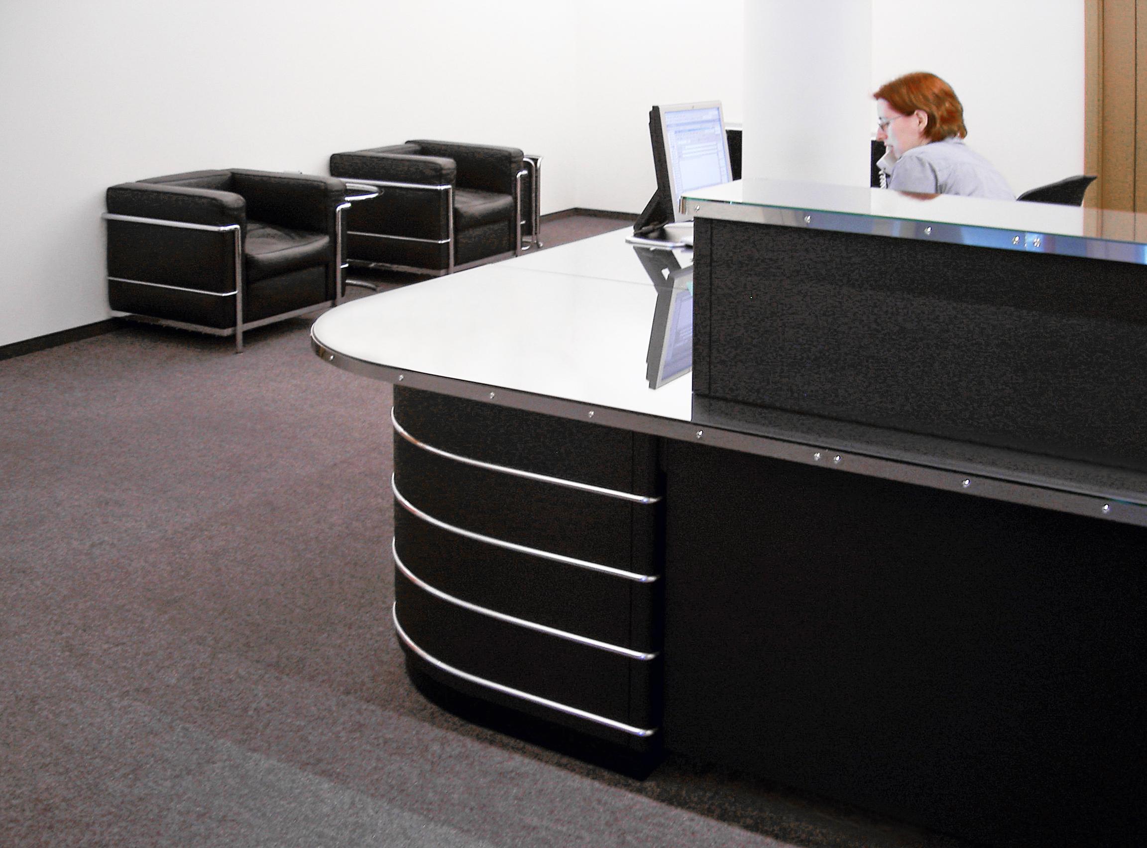 Contemporary Made to Order Reception Counter in Lacquered Metal With Rounded Corners For Sale