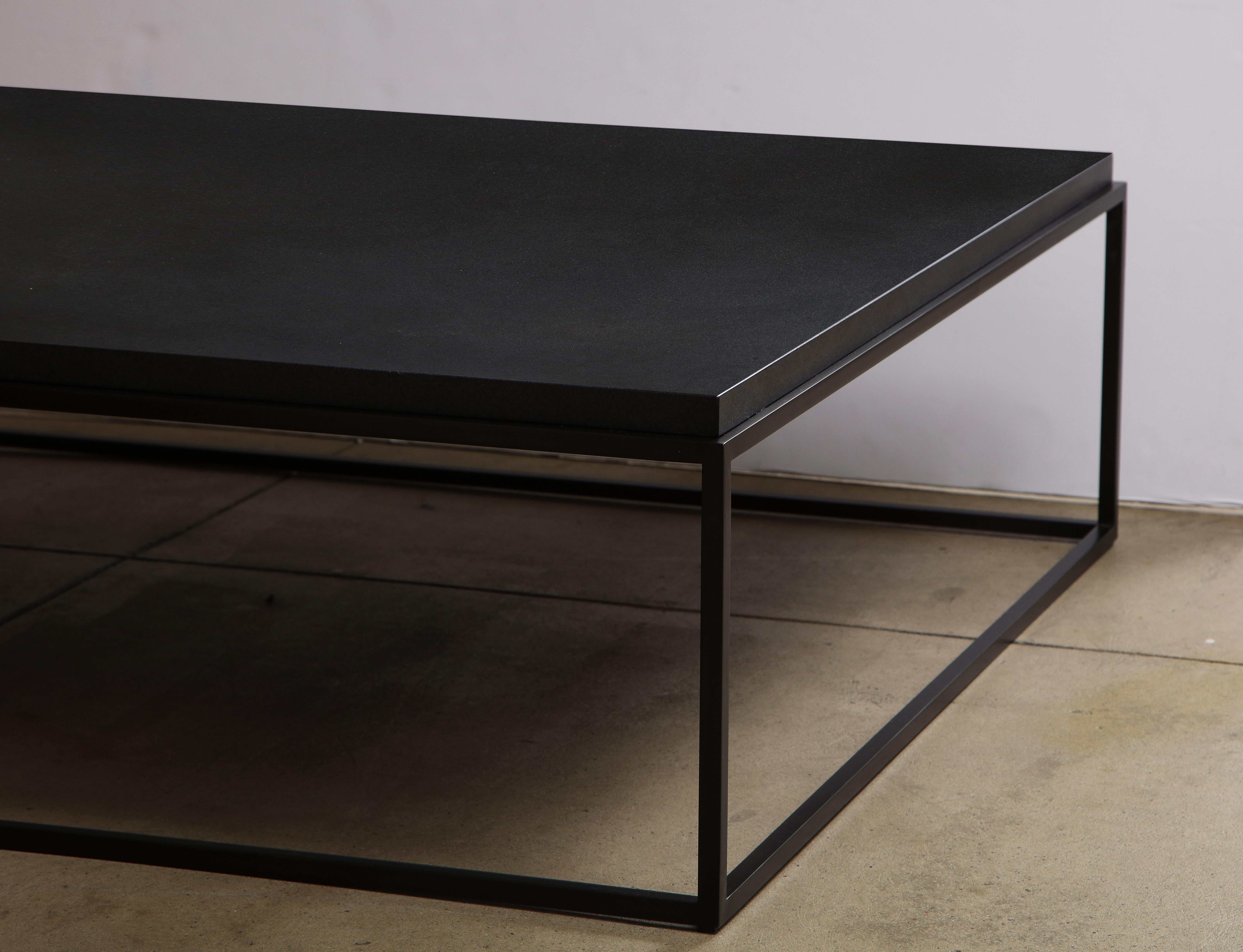 Made to order inset thick stone top coffee table
Metal base, thick black stone textured leather finished marble top
Available in various materials, sizes & finishes
*We also make these in stainless steel and powder coat for outdoors.
