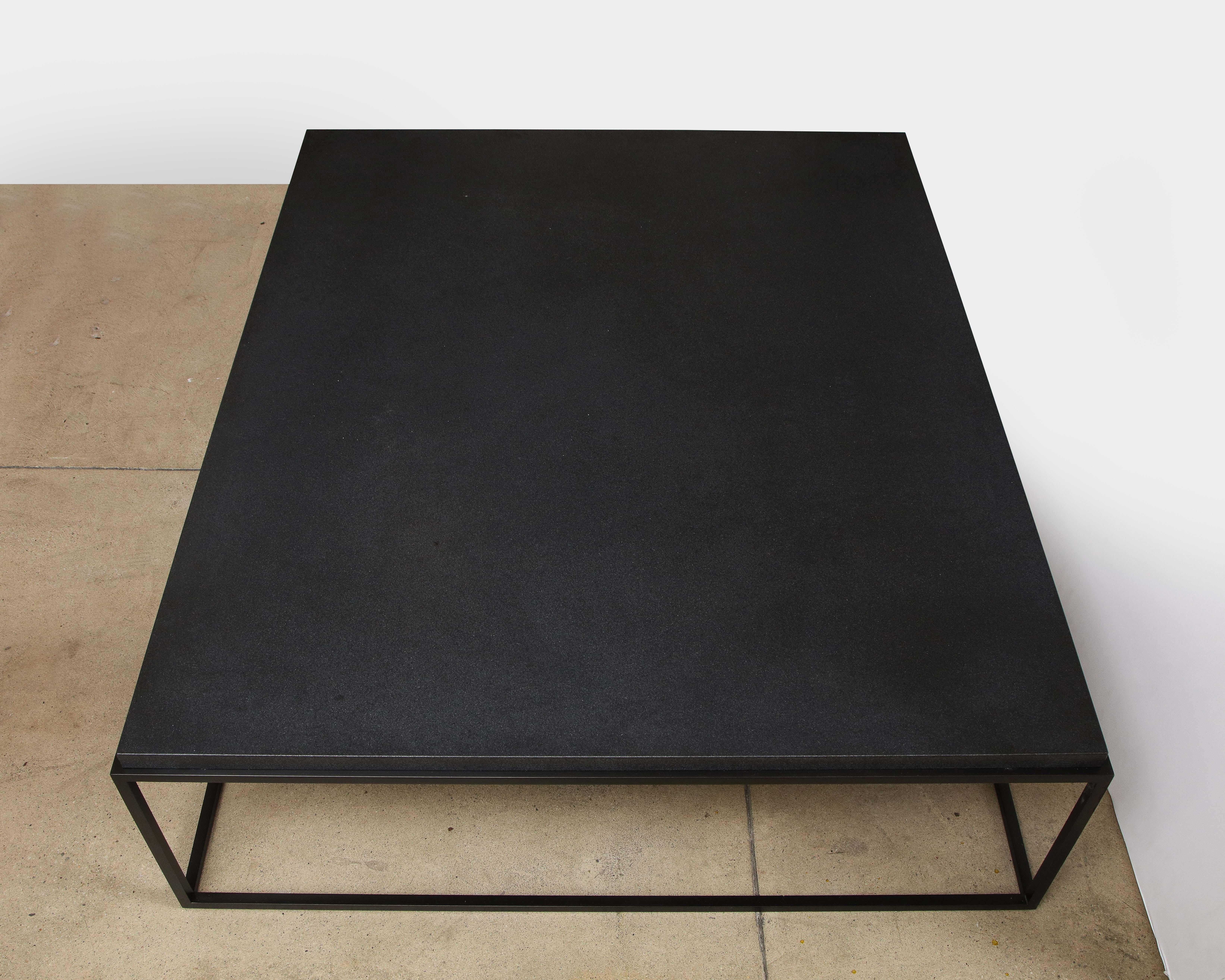 American Made to Order Recessed Textured Thick Stone Top Coffee Table with Metal Base For Sale