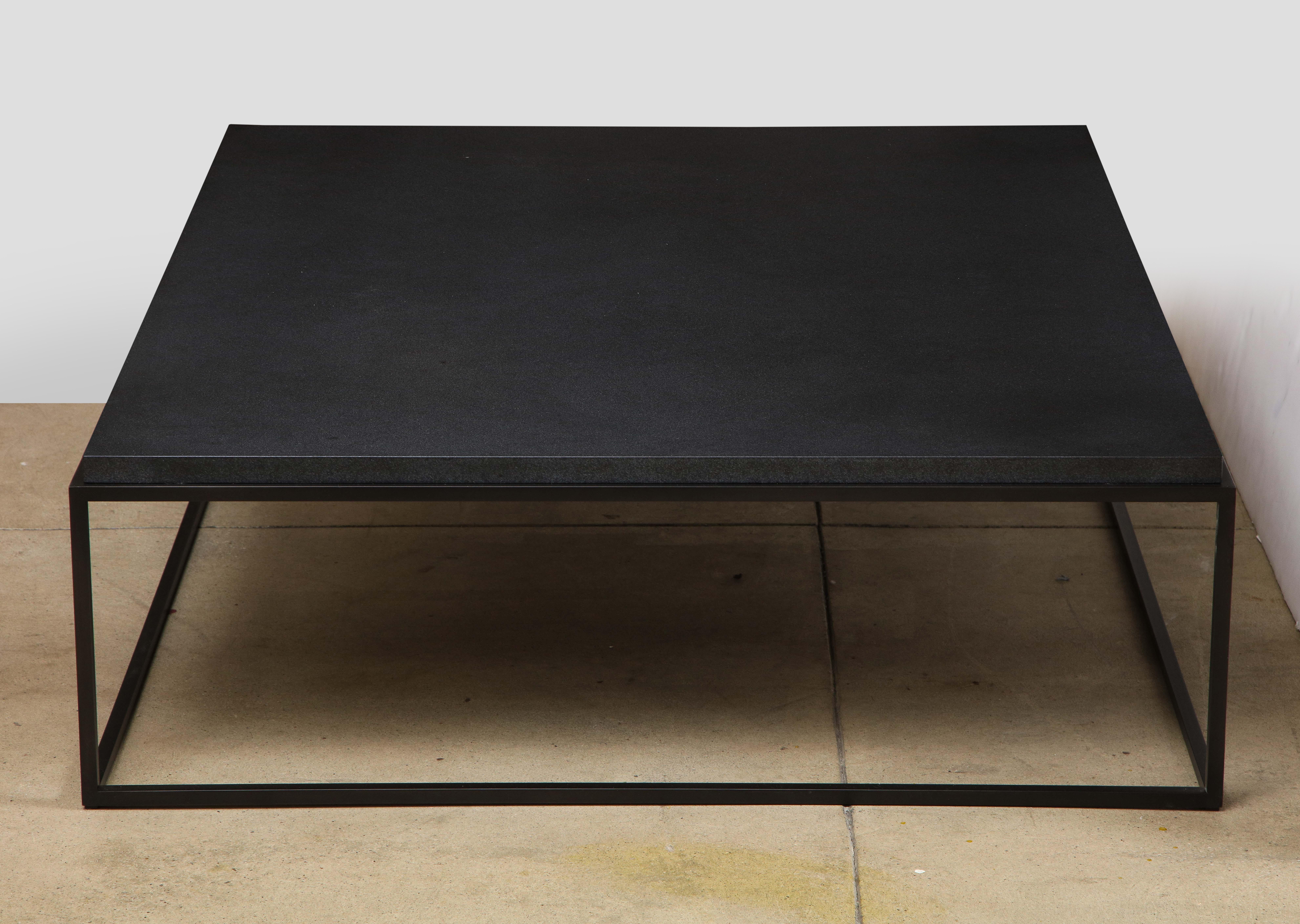 Contemporary Made to Order Recessed Textured Thick Stone Top Coffee Table with Metal Base For Sale
