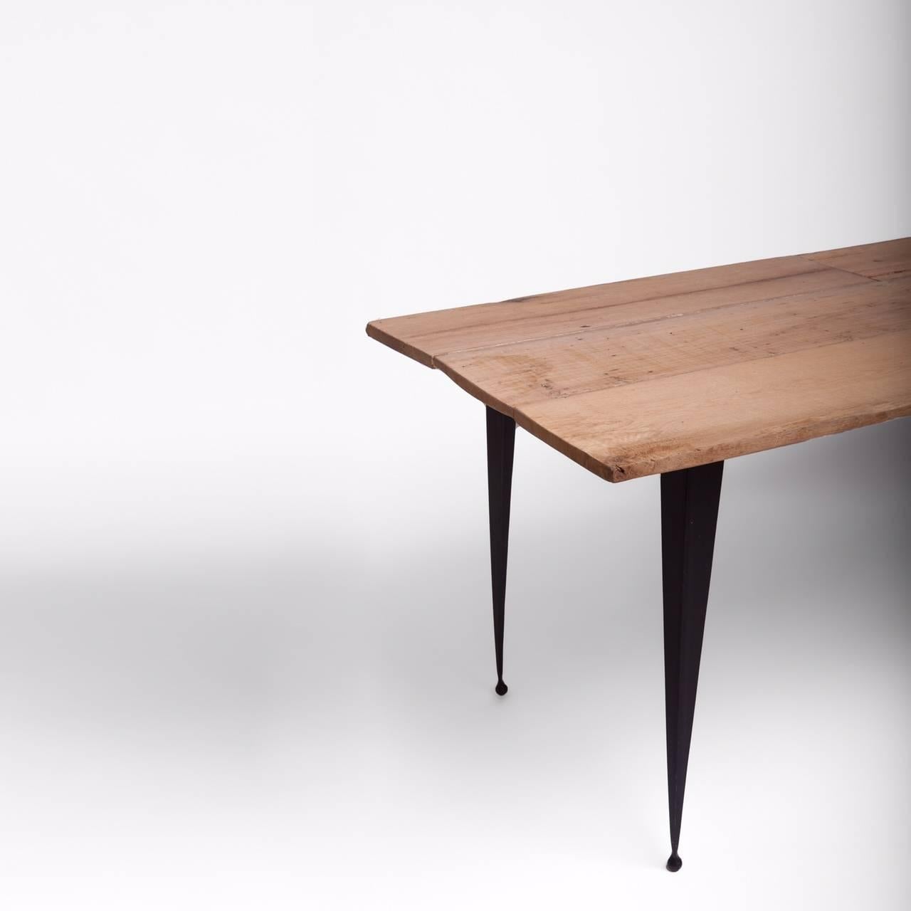 Contemporary Made to Order Reclaimed Oak Top Table with Tapered Black Iron Legs