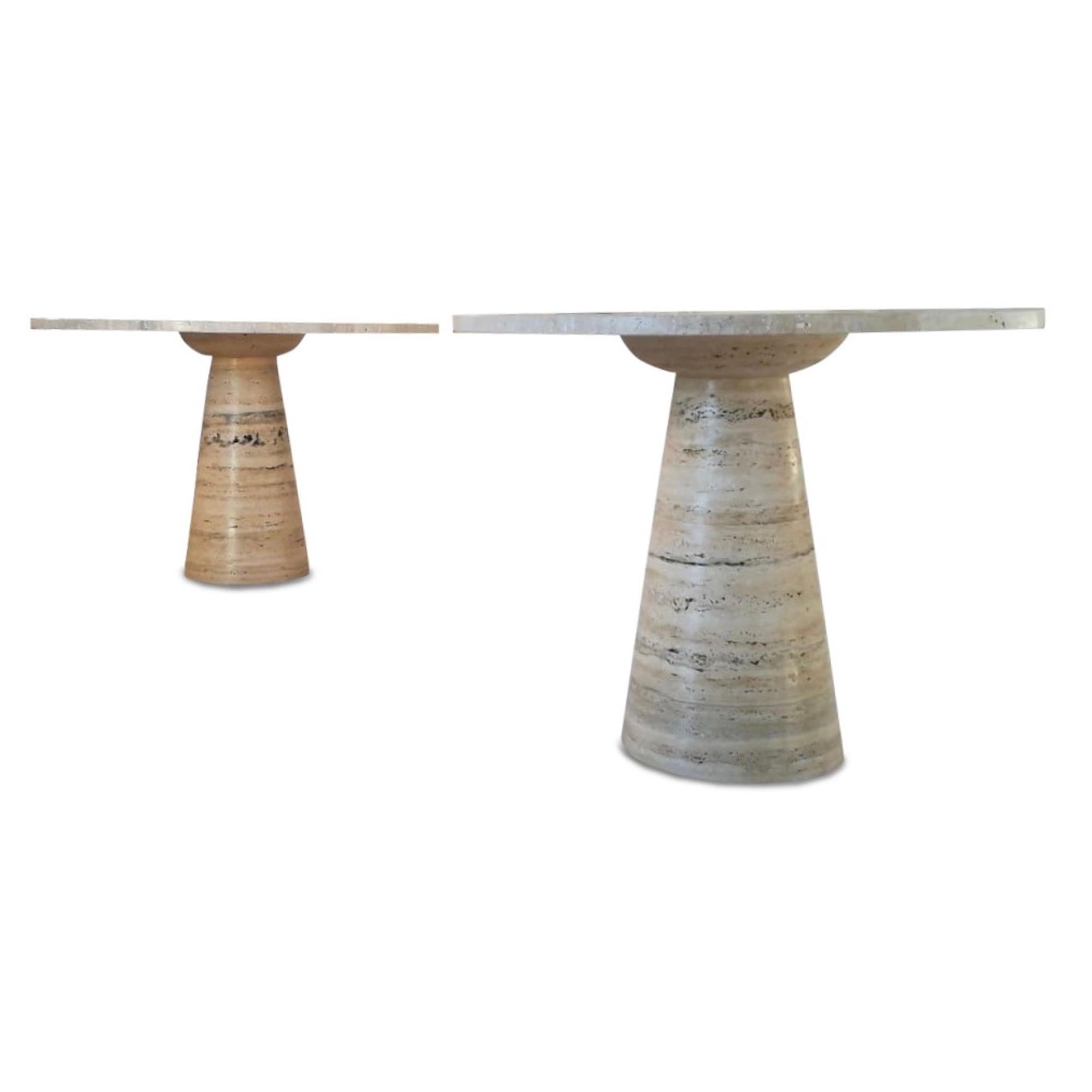 Travertine dining table

Made to order in Italy

Round top

Solid travertine pedestal

Diameter can be specified.