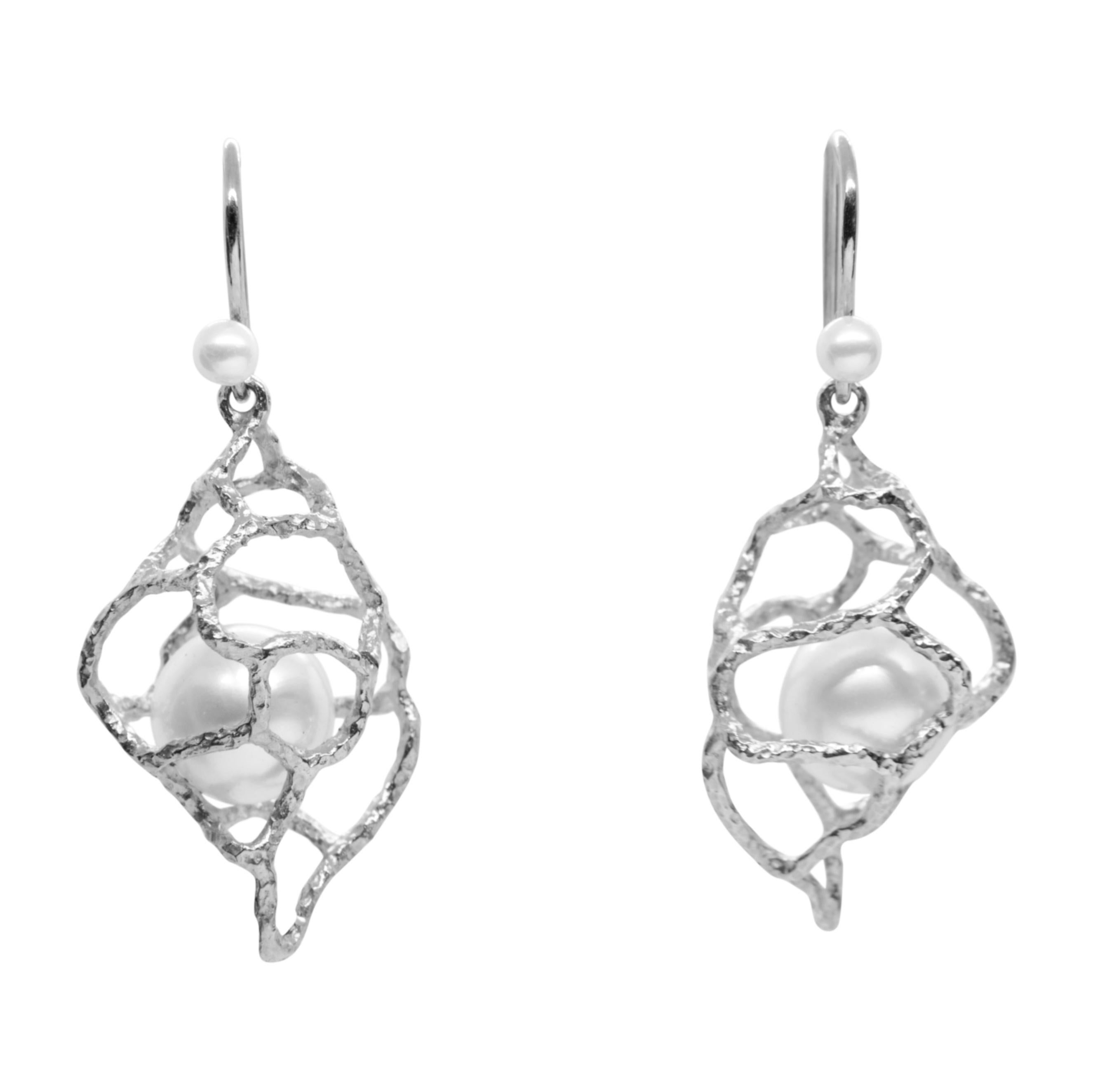Contemporary Made to Order, South Sea White Pearl Platinum Conch Drop Earrings For Sale