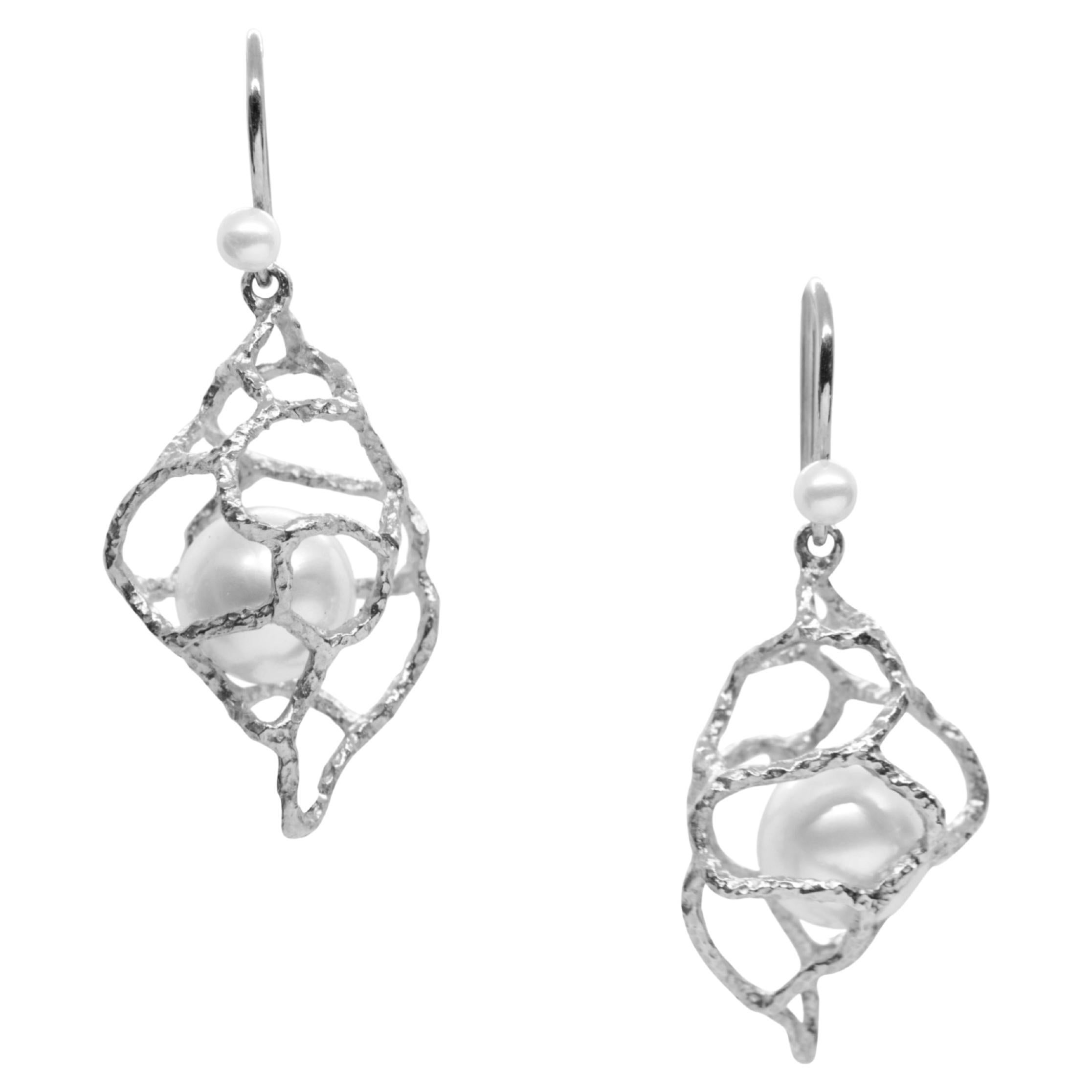 Made to Order, South Sea White Pearl Platinum Conch Drop Earrings For Sale