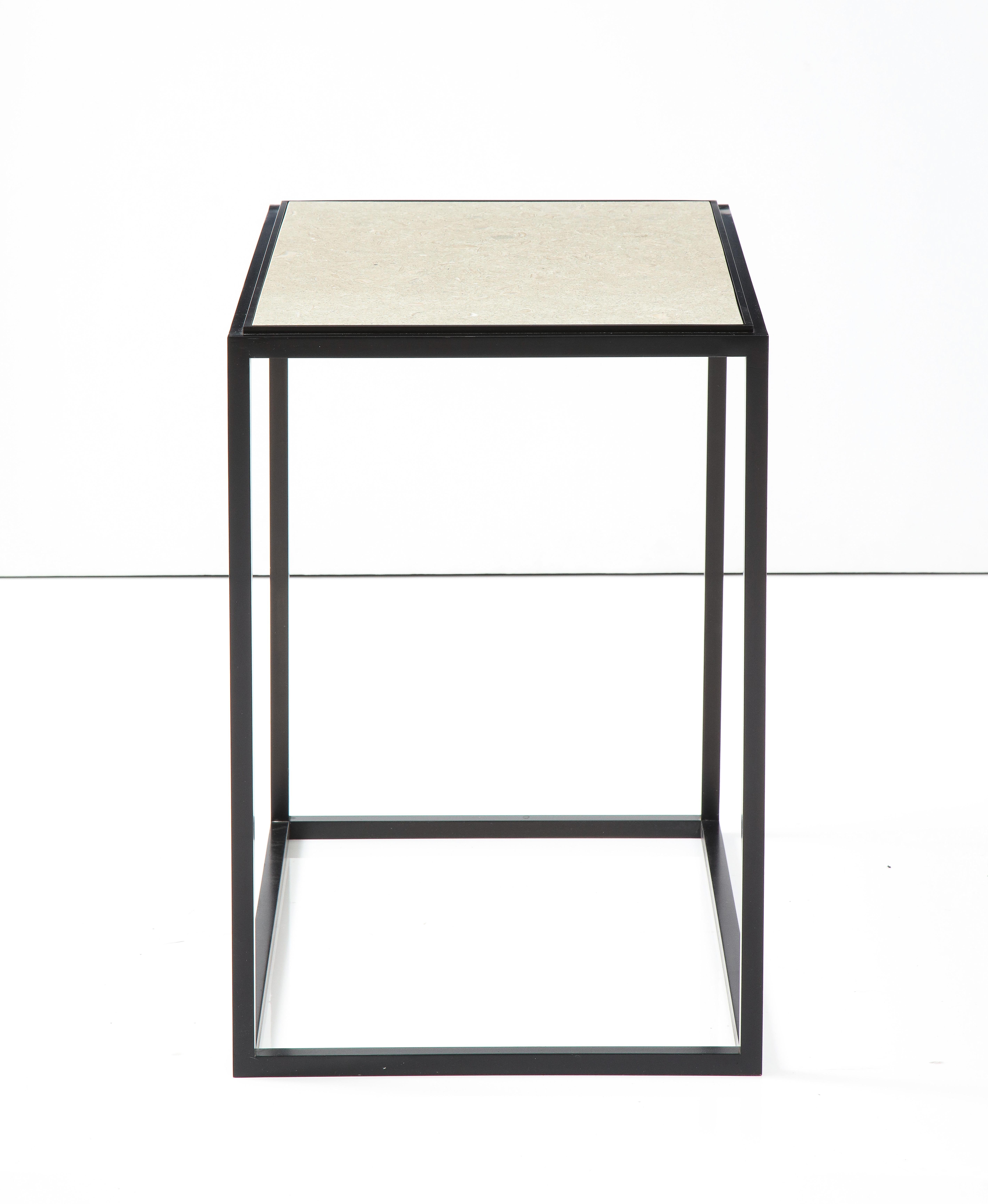American Made to Order Stone Top Side Table with Solid Metal Base For Sale
