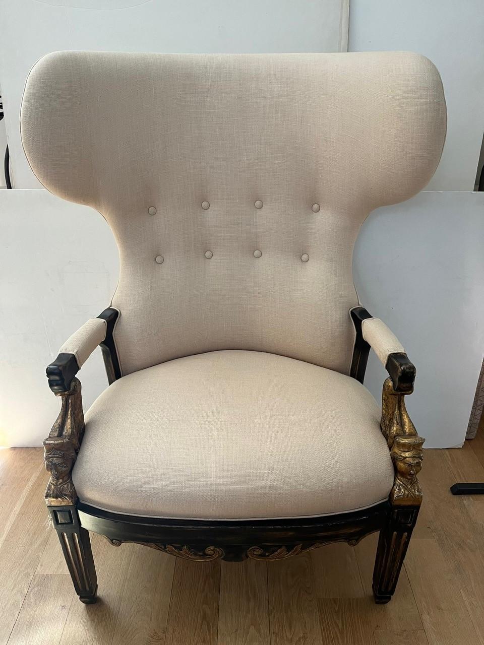 Made to Order Swedish Wing Back Chair with Antiqued Ebonized Painted Finish Gilt For Sale 3