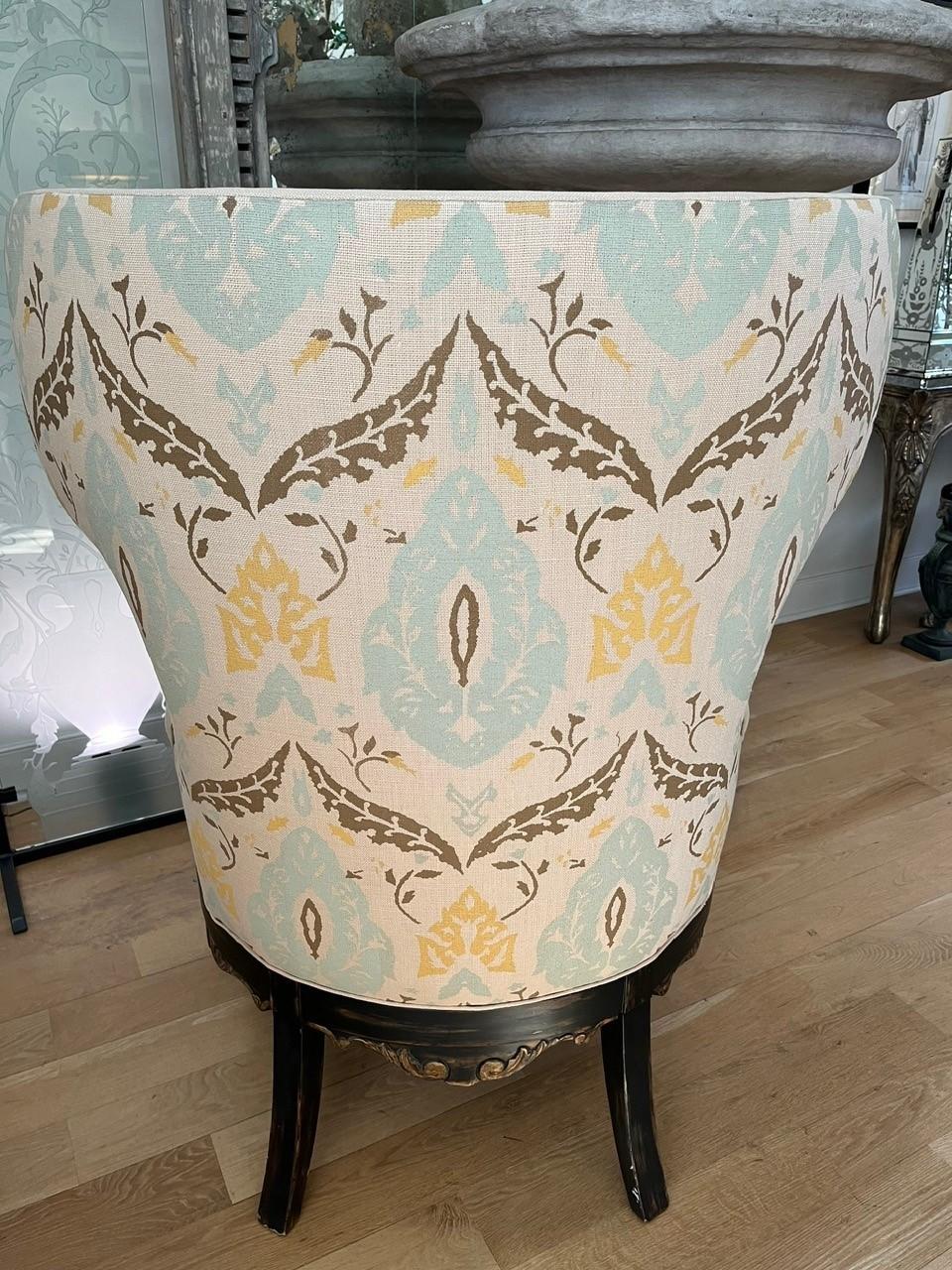 Made to Order Wing Back Swedish Chair with Ebonized Painted Finish with Gilt Accents, Upholstered in Linen Fabric, Tufted Back, Seat and Outside Back, Upholstery: this a Showroom Model
Customer Own Material