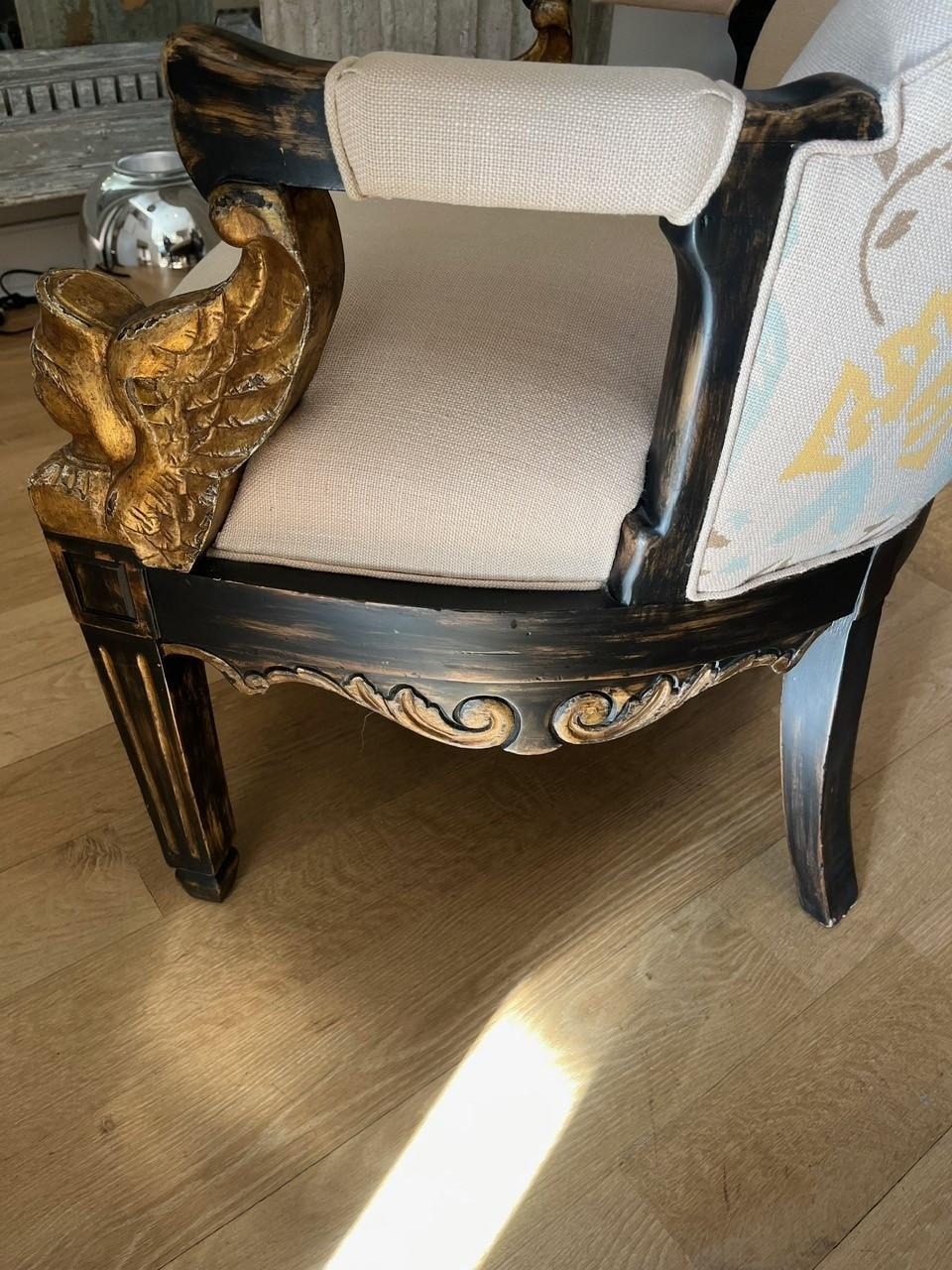 American Made to Order Swedish Wing Back Chair with Antiqued Ebonized Painted Finish Gilt For Sale