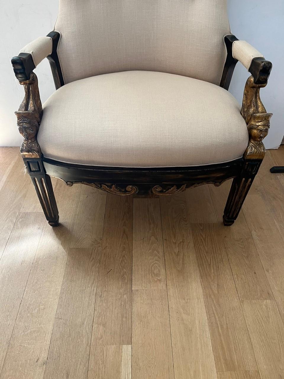 Carved Made to Order Swedish Wing Back Chair with Antiqued Ebonized Painted Finish Gilt For Sale