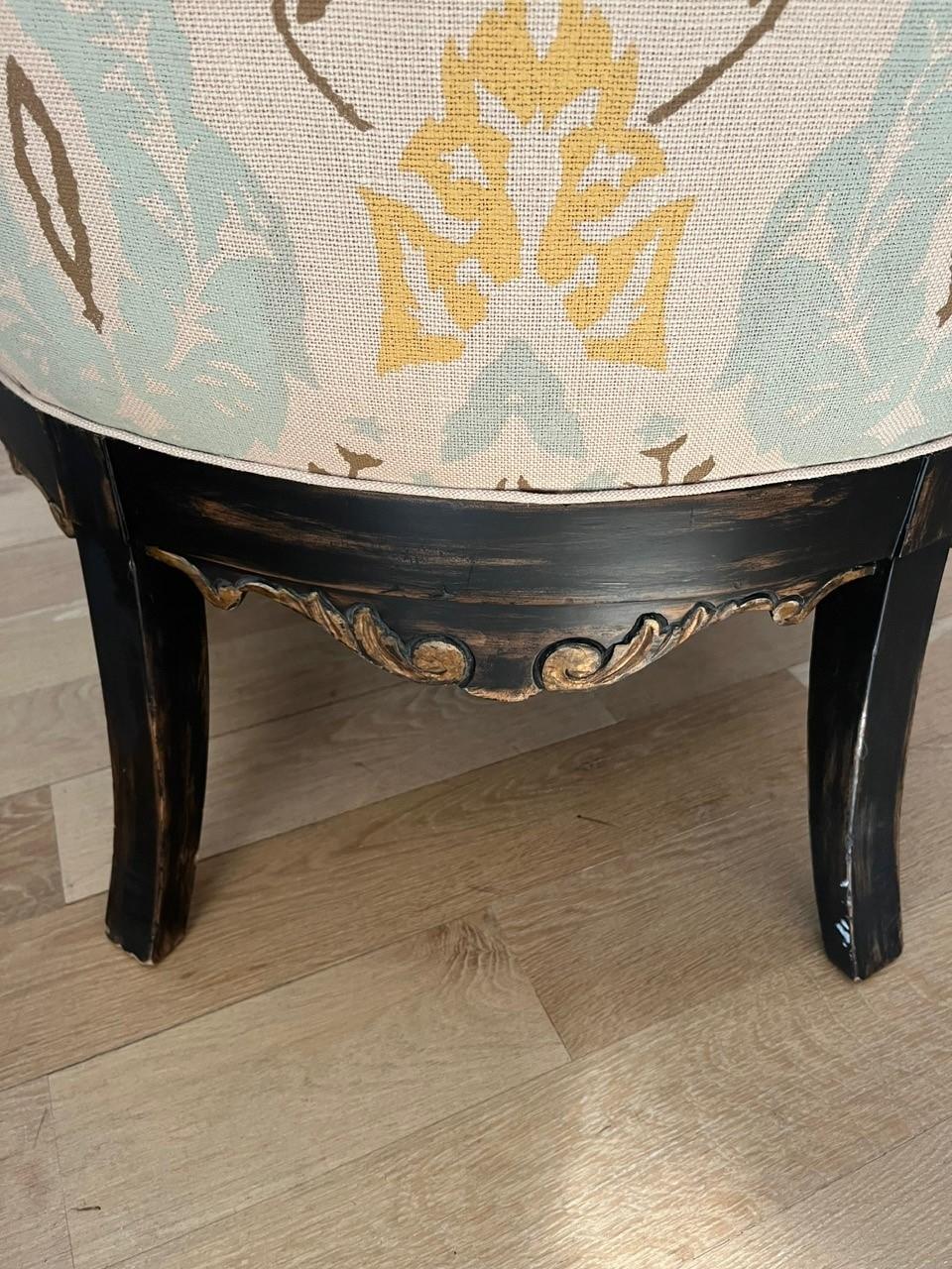Textile Made to Order Swedish Wing Back Chair with Antiqued Ebonized Painted Finish Gilt For Sale