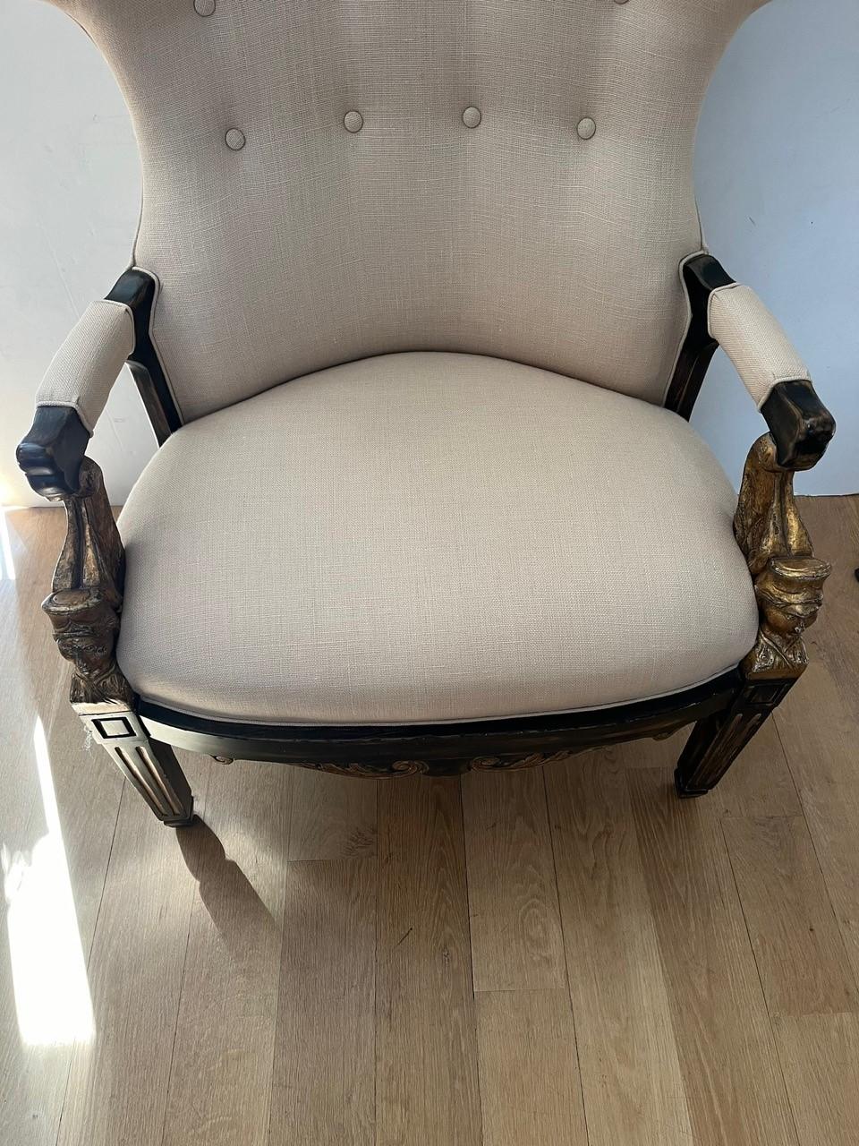 Made to Order Swedish Wing Back Chair with Antiqued Ebonized Painted Finish Gilt For Sale 2