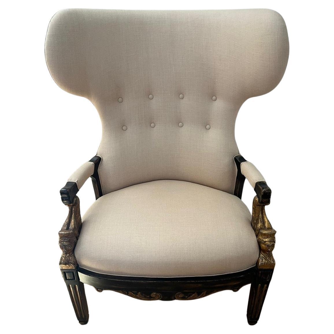 Made to Order Swedish Wing Back Chair with Antiqued Ebonized Painted Finish Gilt For Sale