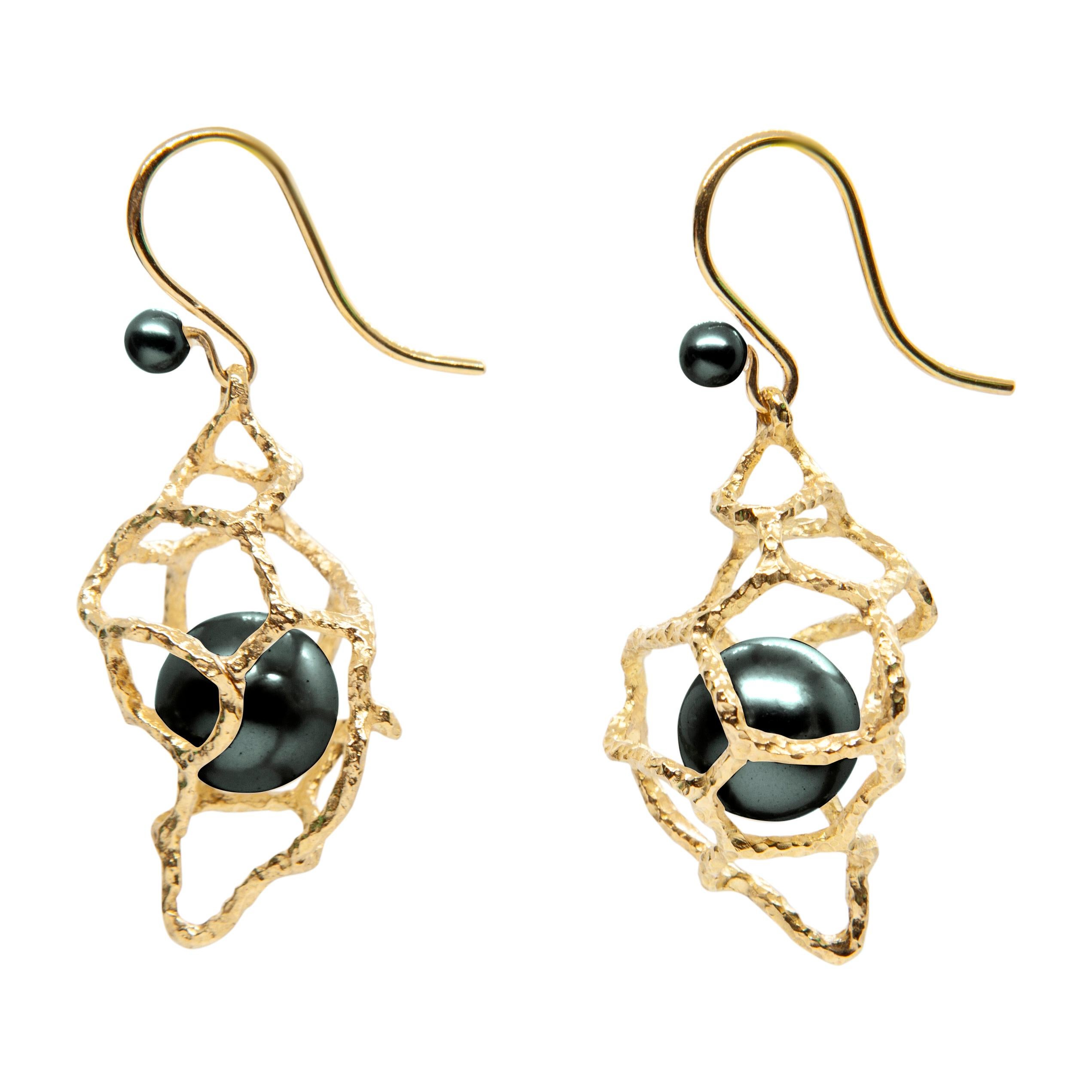 Uncut Made to Order, Tahitian Black Pearl 18K Yellow Gold Conch Drop Earrings For Sale
