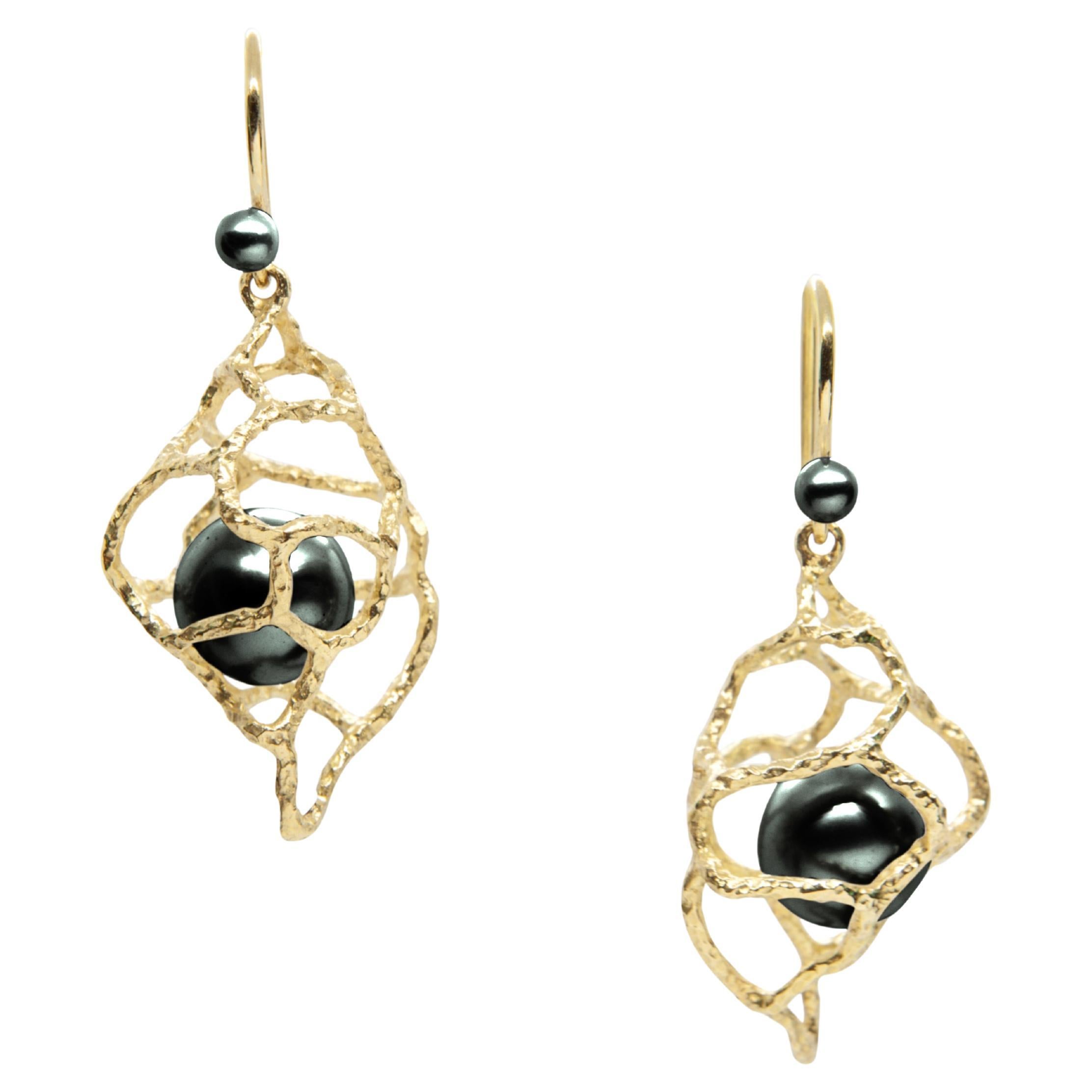 Made to Order, Tahitian Black Pearl 18K Yellow Gold Conch Drop Earrings For Sale