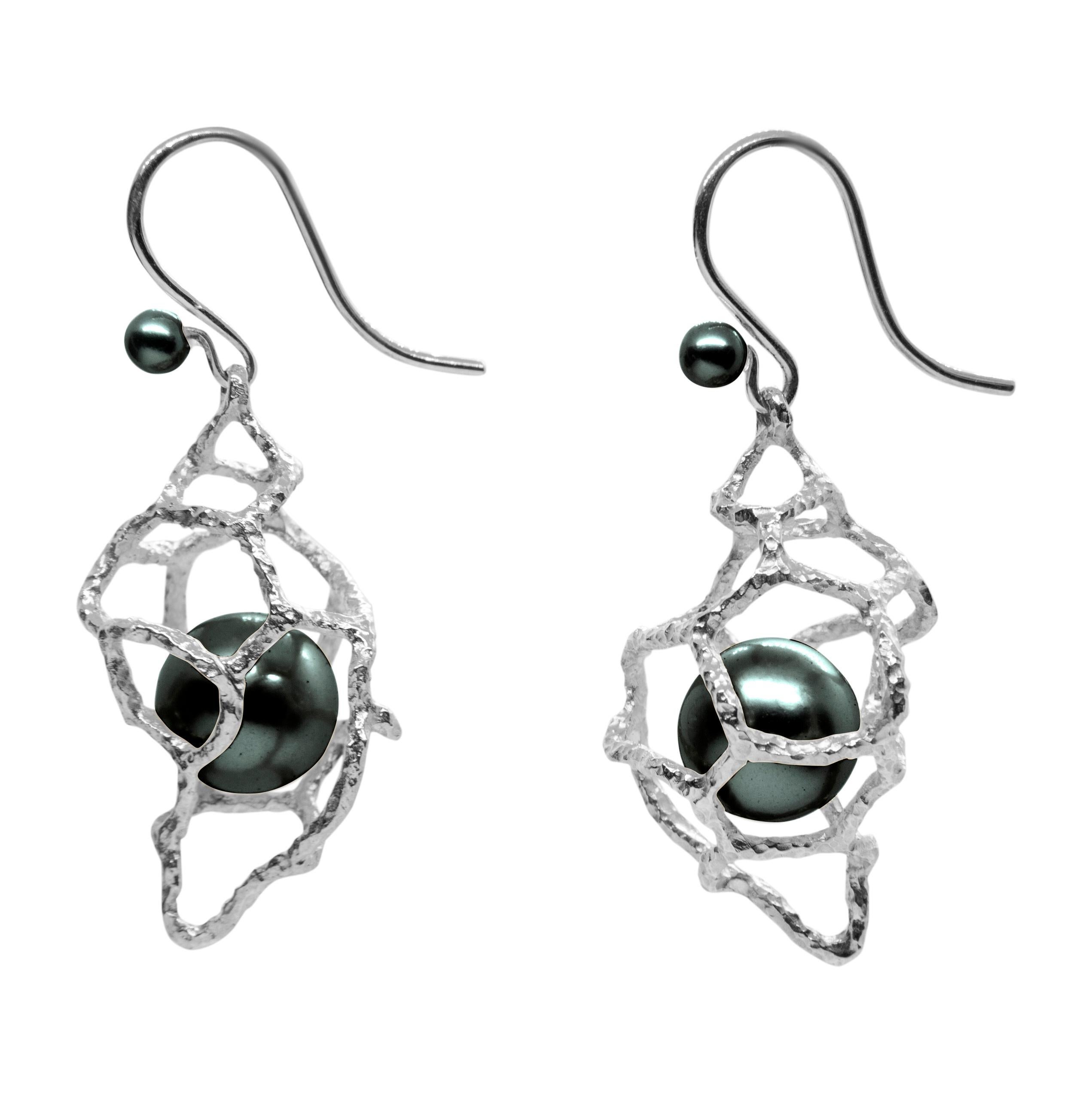 Contemporary Made to Order, Tahitian Black Pearl Platinum Conch Drop Earrings For Sale