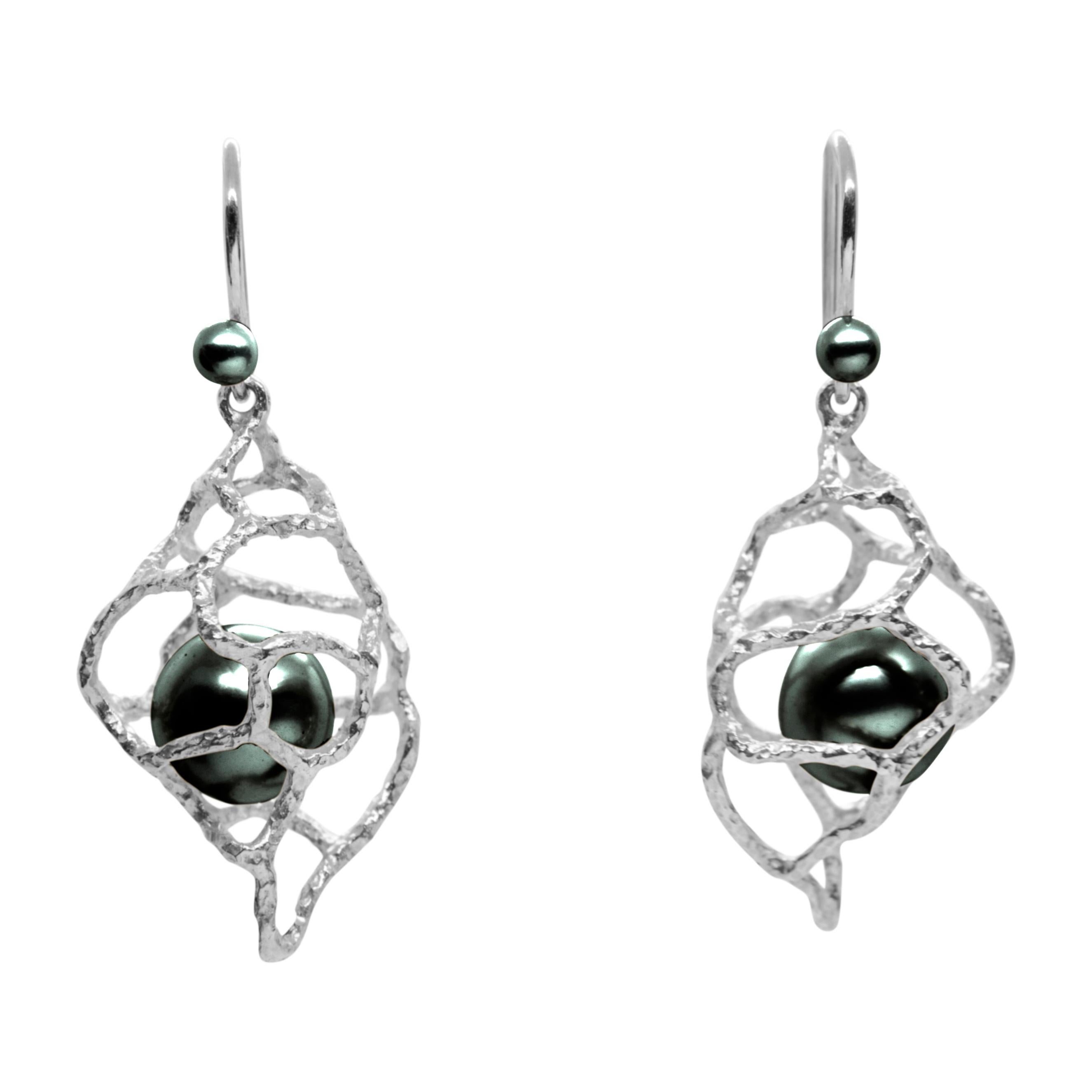 Uncut Made to Order, Tahitian Black Pearl Platinum Conch Drop Earrings For Sale