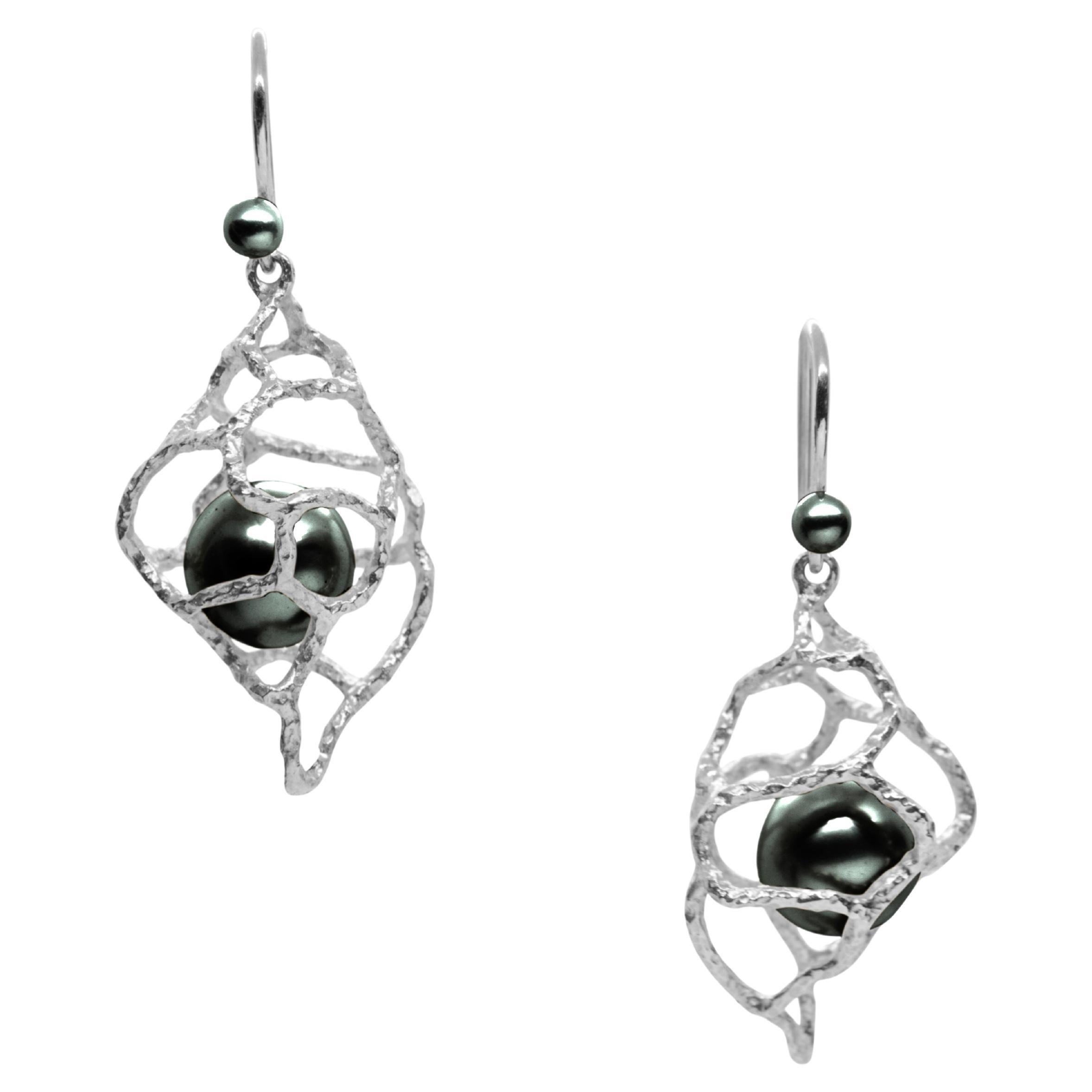 Made to Order, Tahitian Black Pearl Platinum Conch Drop Earrings For Sale